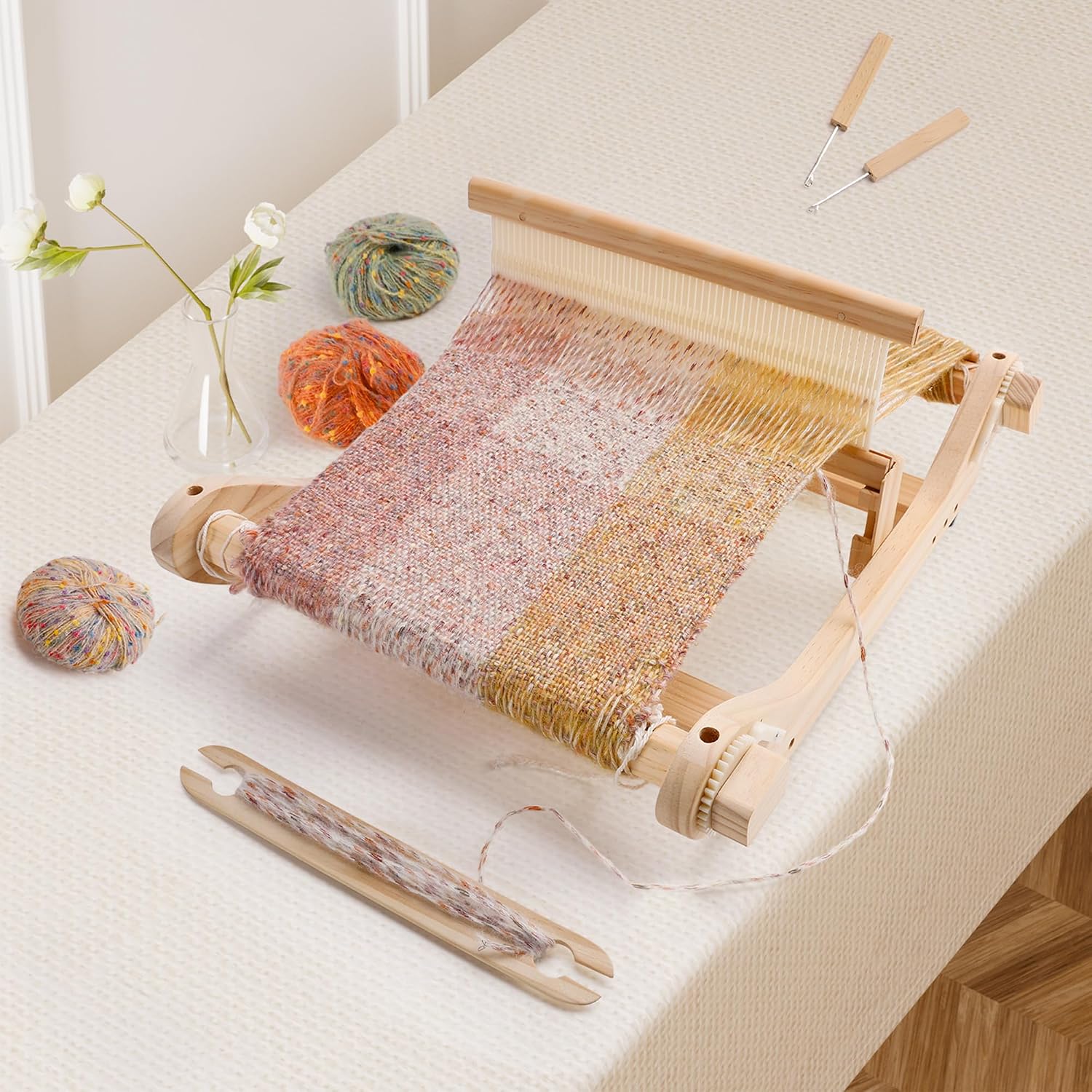 PURCOULEUR 12 Inches Rigid Heddle Loom, Wooden Weaving Loom for Adults, Multi-Craft Frame Loom for Beginners, Threads Warping Frame with Pegs and Yarn Stand, Weaving Loom Kit with Heddle Shed Stick