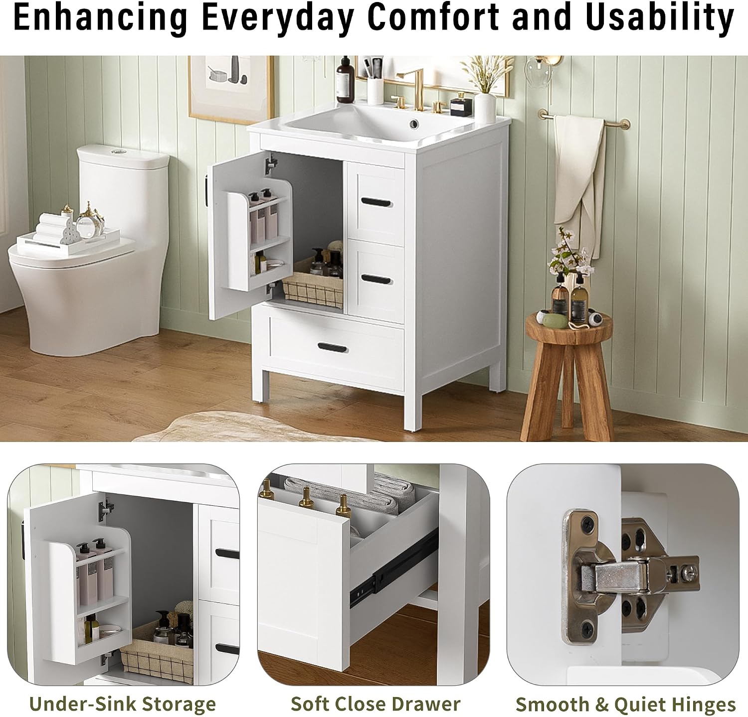 24' Bathroom Vanity with Sink, Harper & Bright Designs Free Standing Single Vanity Set with 3 Drawers and One Door with Storage Racks, Solid Wood Storage Cabinet with Ceramic Basin for Bathroom, White