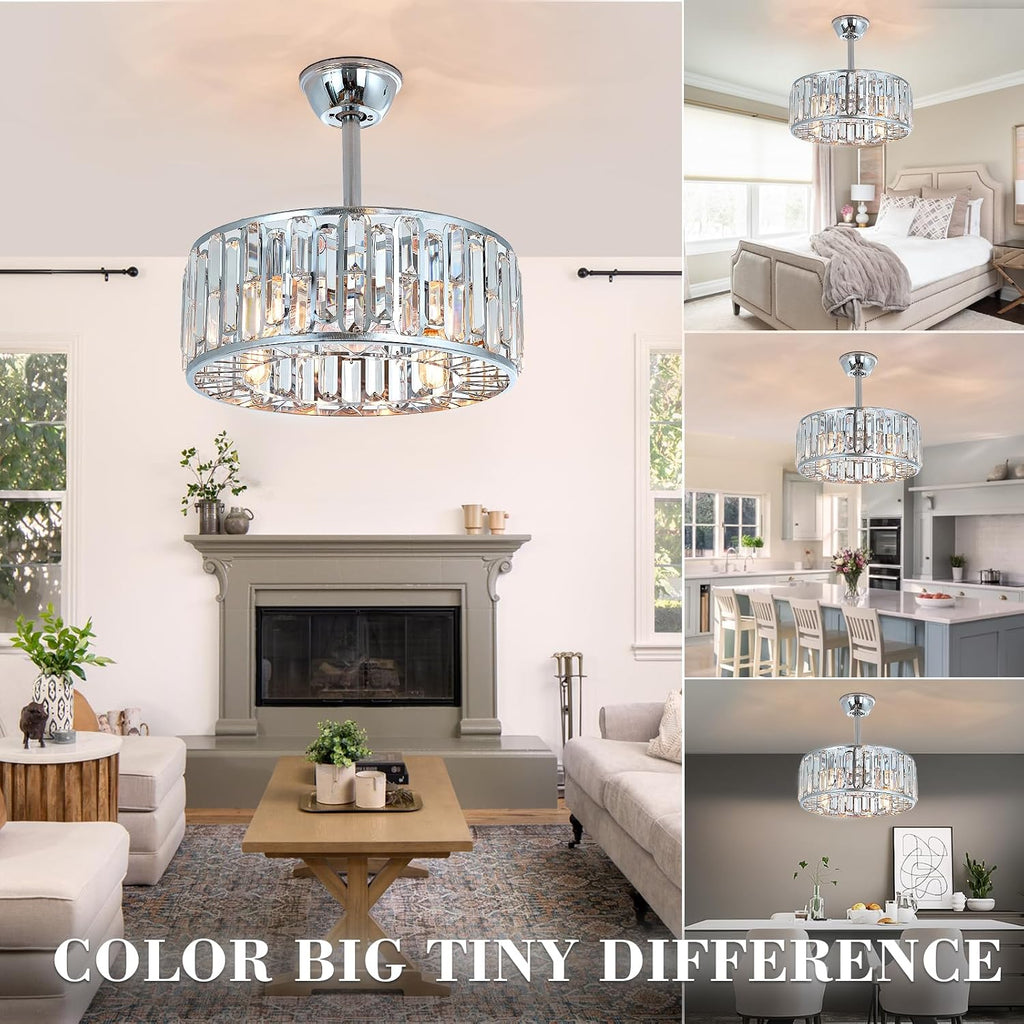 18.2' Silver Crystal Caged Ceiling Fan with Light 4-Lights Modern Flush Mount Chandelier Fan Remote Chrome Crystal Fandelier Lights for Bedroom Living Room Dining Room Entry Loft Hallway