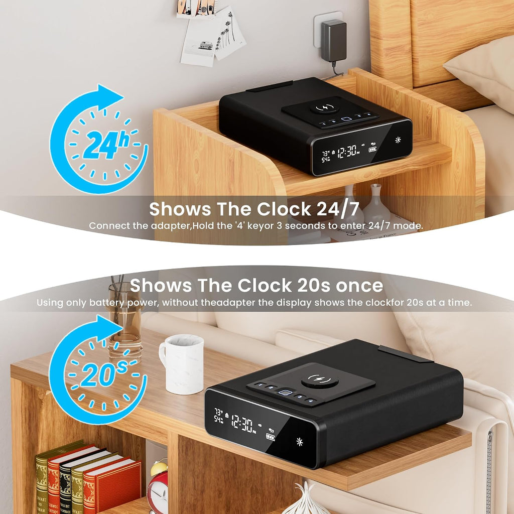 Mboko Biometric Discreet Gun Safe with 12-Hour Time Clock Display, Wireless Charging Pistol Safe for Handgun with Adjustable Brightness, Backlit Keypad, LED Light, Gifts for Father's Day（Black）