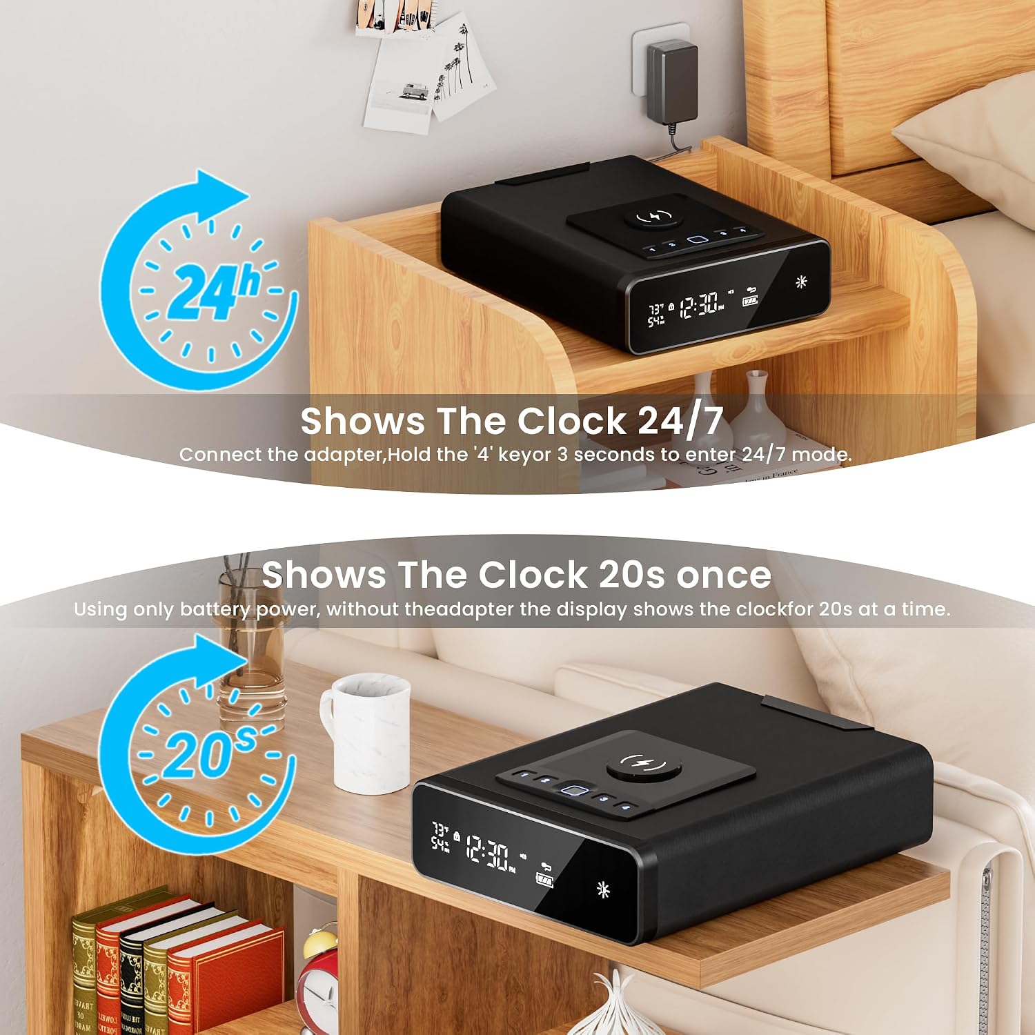 Mboko Biometric Discreet Gun Safe with 12-Hour Time Clock Display, Wireless Charging Pistol Safe for Handgun with Adjustable Brightness, Backlit Keypad, LED Light, Gifts for Father's Day（Black）