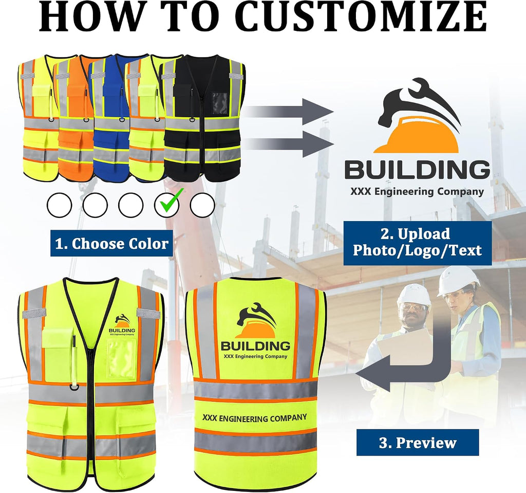 Custom Safety Vest with Logo, High Visibility Reflective Personalized Vest with Pockets and Zipper for Men Women Work