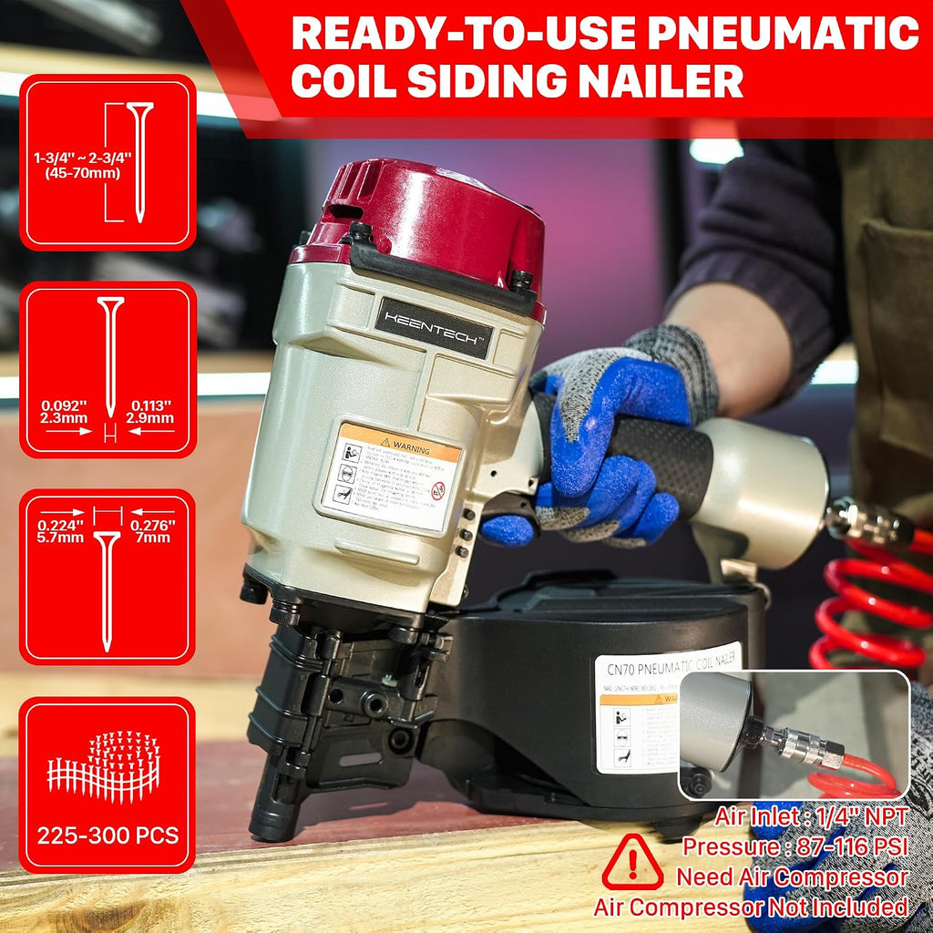 KEENTECH Pneumatic Siding Nail Gun for 1-3/4' to 2-3/4' 15-Degree Nails, Coil Siding Nailer with Bump Firing for Fast Nailing Speed, Coil Nail Gun for Pallet, Siding, Crating, Decking, Framing, CN70