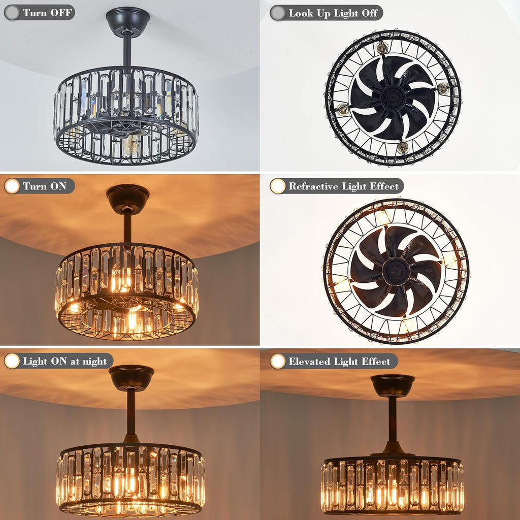 18.2' Modern Crystal Ceiling Fan with Light Black Crystal Fandelier Light Caged Ceiling Fan Light with Remote Reversible Industrial Chandelier Fan for Bedroom Living Room Dining Room Entry foryer