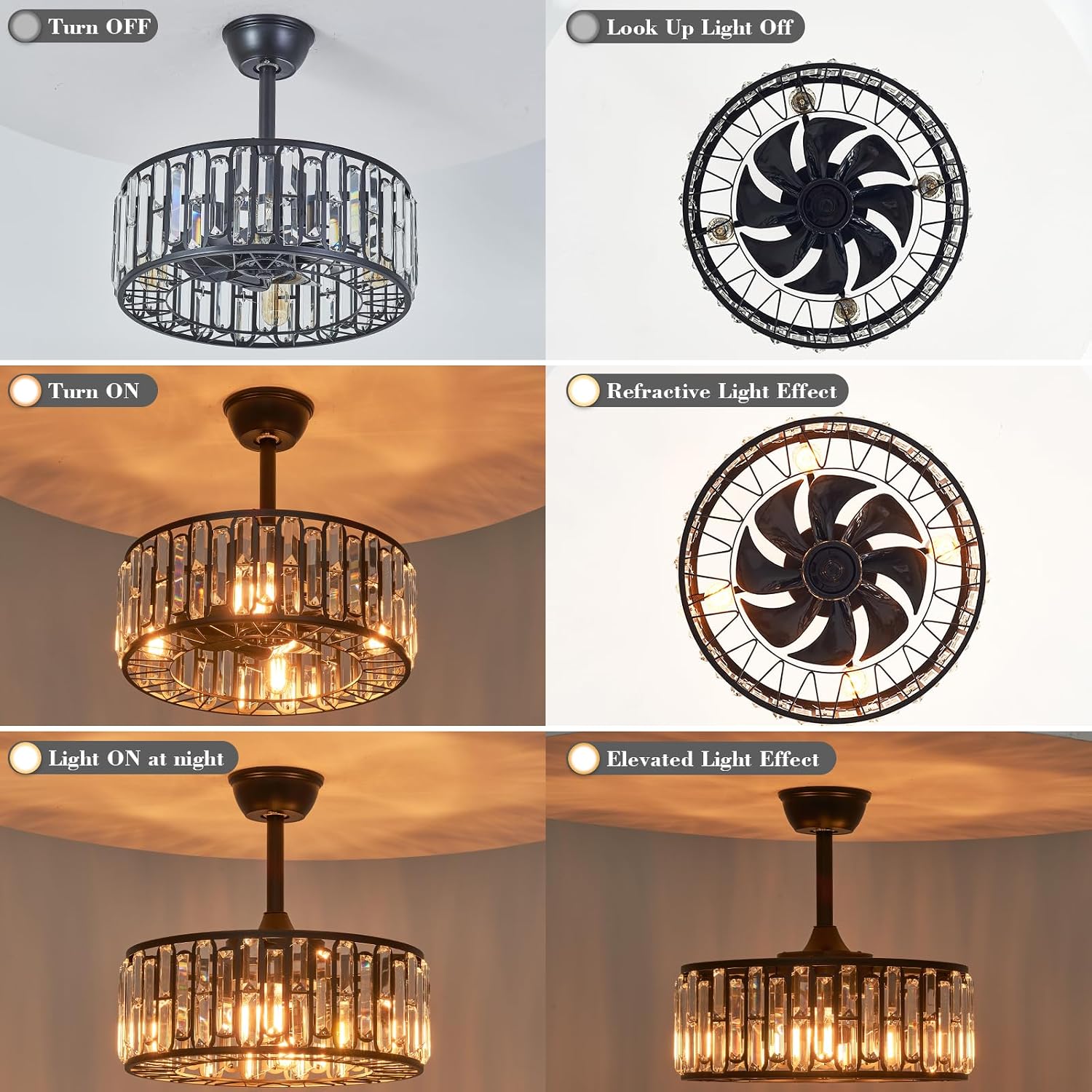 18.2' Modern Crystal Ceiling Fan with Light Black Crystal Fandelier Light Caged Ceiling Fan Light with Remote Reversible Industrial Chandelier Fan for Bedroom Living Room Dining Room Entry foryer