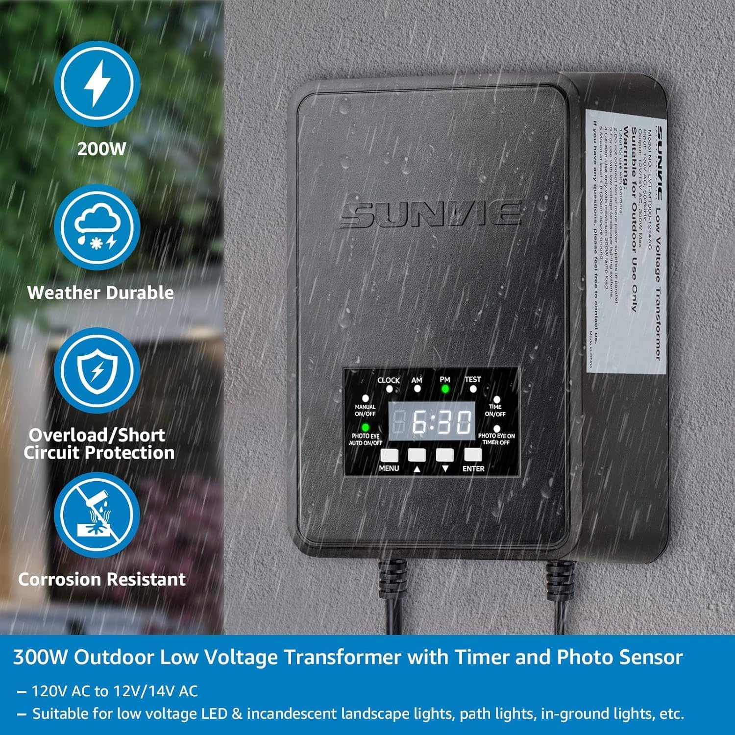 SUNVIE 10 Pack 12W Low Voltage Landscape Lights LED Landscape Lighting AC/DC 12V-24V Outdoor Spotlight 300W Low Voltage Transformer with Timer and Photocell Sensor 120V to 12V/14V for Outdoor Lighting