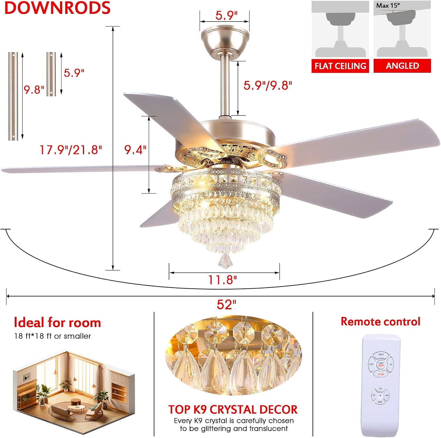 GJeg Crystal Ceiling Fan Fandelier with Lights - Retro Outdoor Fans with Remote Control, Farmhouse Ceiling Fan with Noiseless AC Reversible Motor,Dining Room,Living Room(52' Silver)