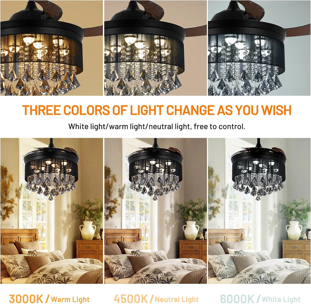 42' Black Luxury Crystal Ceiling Fan with Light 3 Color 3 Speed Modern Chandelier Fan with Remote Control Retractable Blades Fandelier for Living Room Bedroom