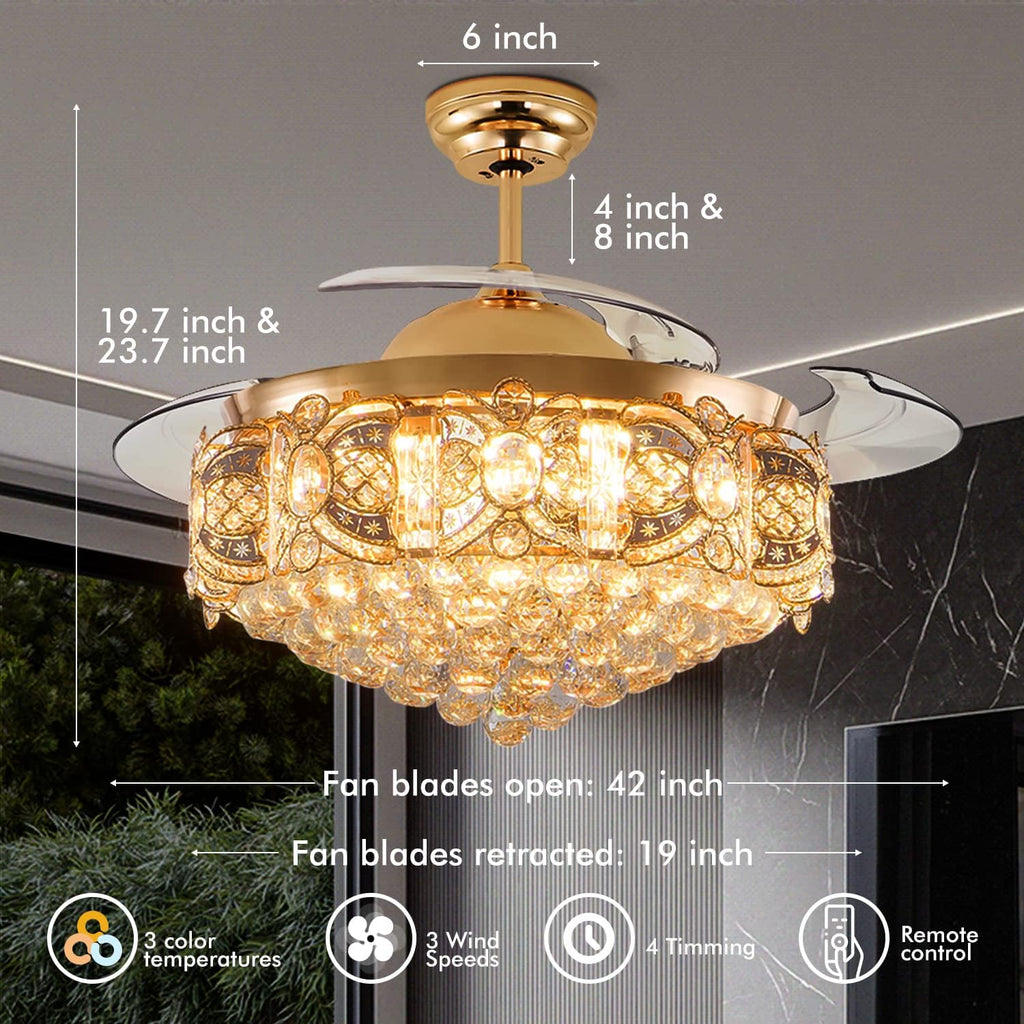 42' Modern Fandelier Crystal Ceiling Fan with Light and Remote, Luxury Gold Chandelier Ceiling Fan with Retractable Blades 3 Colors Change 3 Speeds for Living Room Bedroom