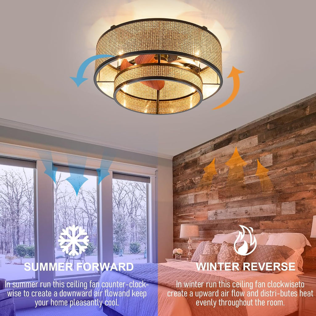 18.9' Boho Caged Ceiling Fan with Lights Remote, 4-Light Vintage Rattan Woven Chandelier Fan with Light Reversible Motor, Chandelier Ceiling Fan for Bedroom, Living Room