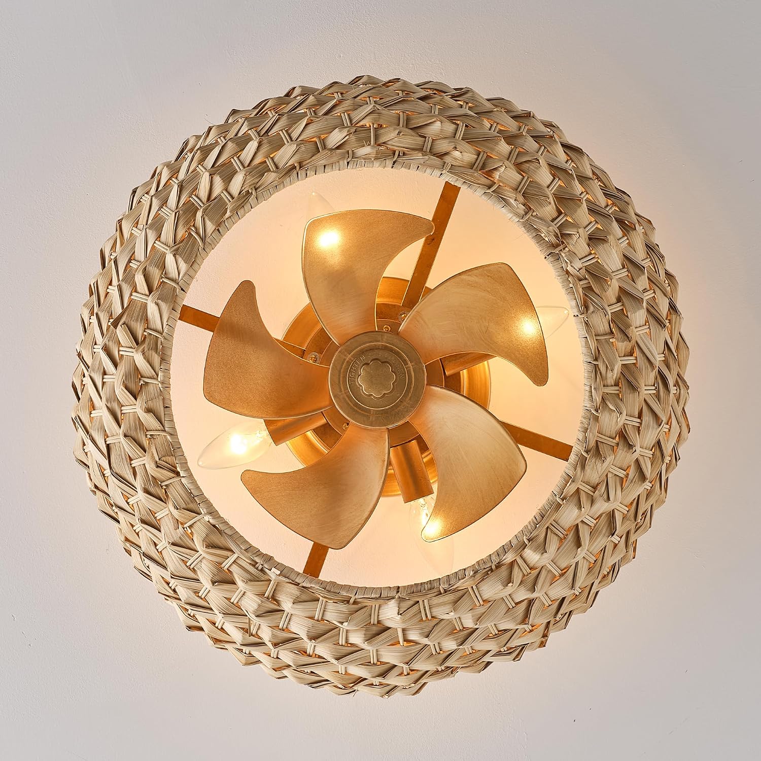 20.4' Boho Rattan Ceiling Fan with Light, Flush Mount Caged Fandelier with Remote, 6-Speed Reversible Quiet DC Motor, Timer, Low Profile Enclosed Gold Ceiling Fan for Bedroom Living Room