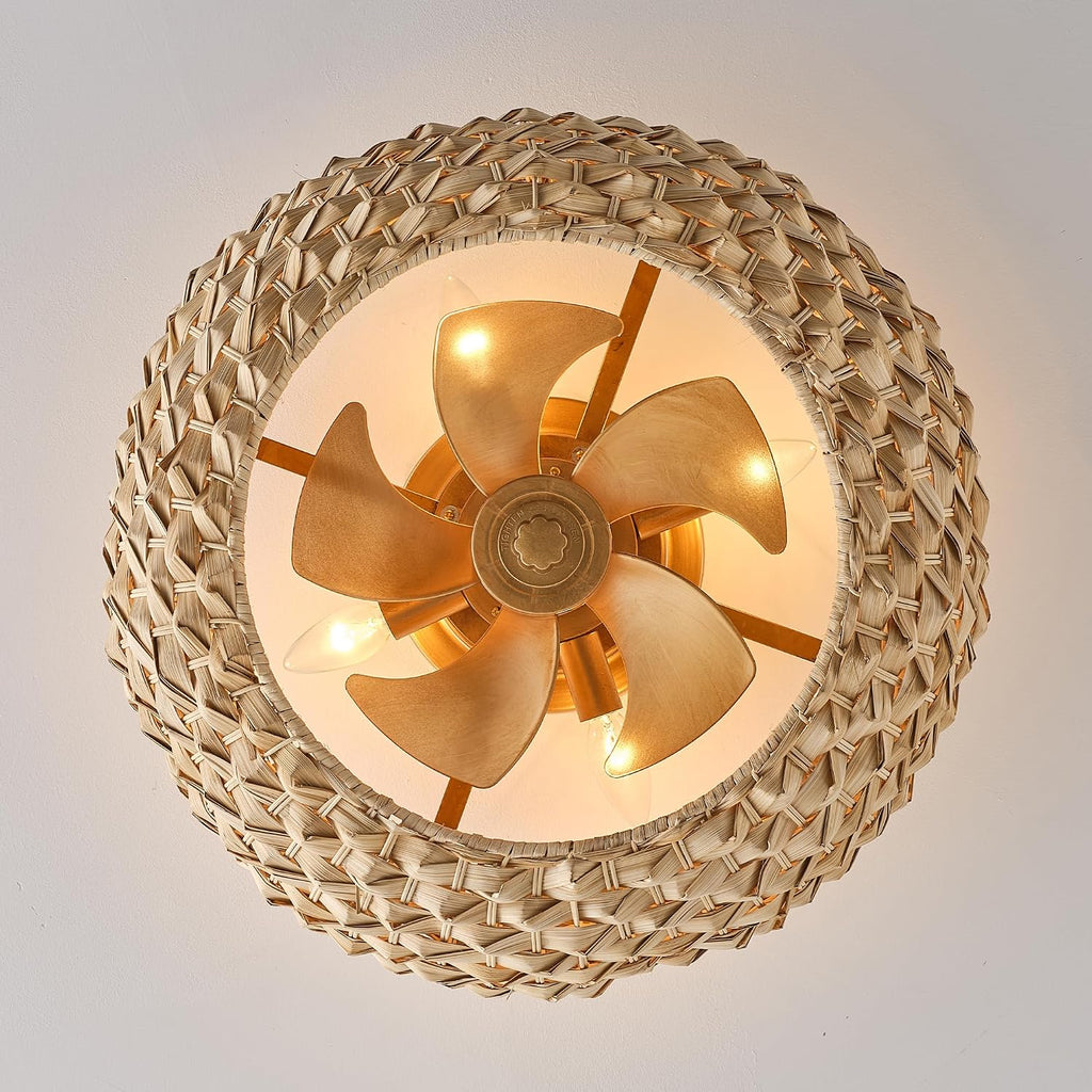 20.4' Boho Rattan Ceiling Fan with Light, Flush Mount Caged Fandelier with Remote, 6-Speed Reversible Quiet DC Motor, Timer, Low Profile Enclosed Gold Ceiling Fan for Bedroom Living Room