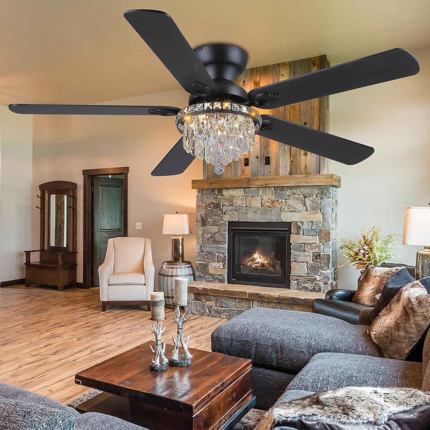 GJeg Crystal Ceiling Fan Fandelier with Lights-Ceiling Fans with Remote Control,Modern Ceiling Fan with Noiseless DC Reversible Motor,Dining Room,Living Room(52' Black)
