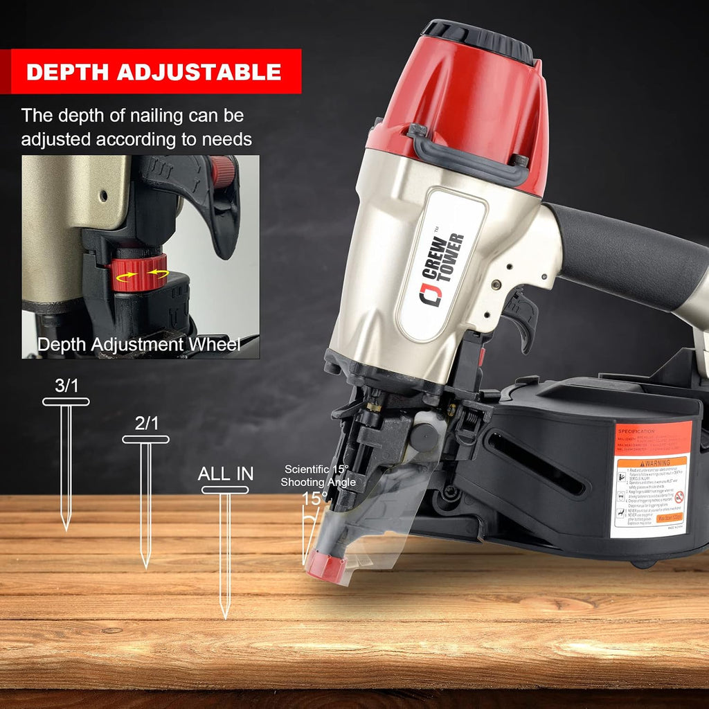 Pneumatic Coil Siding Nailer CN565B, 1-1/4' to 2-1/2' | 15 Gauge Siding Nail Gun. Quick jam release and tool-free depth adjustment for siding, fencing, sheathing & roof decking.