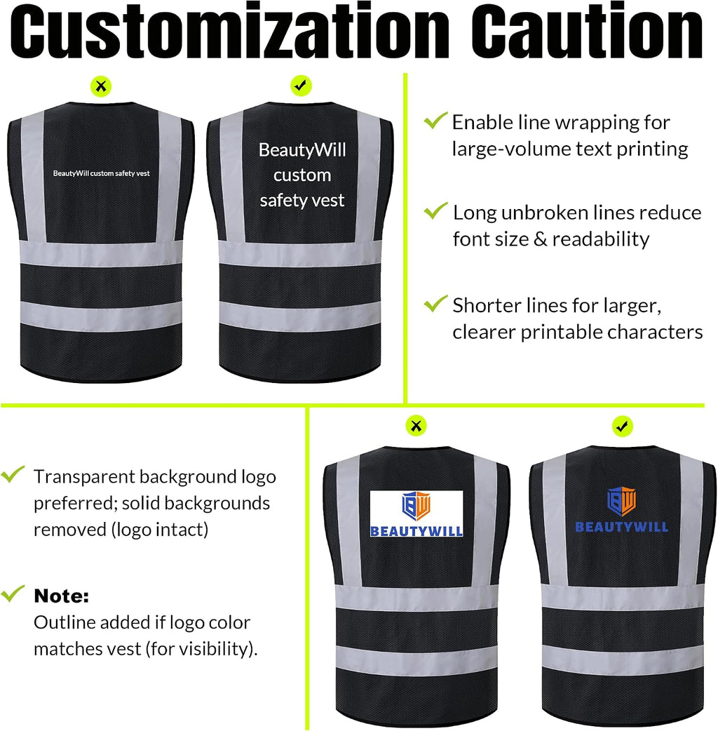 BeautyWill Custom LOGO Safety Vests Reflective Vest Class 2 ANSI with Pockets Zipper High Visibility Construction Uniform