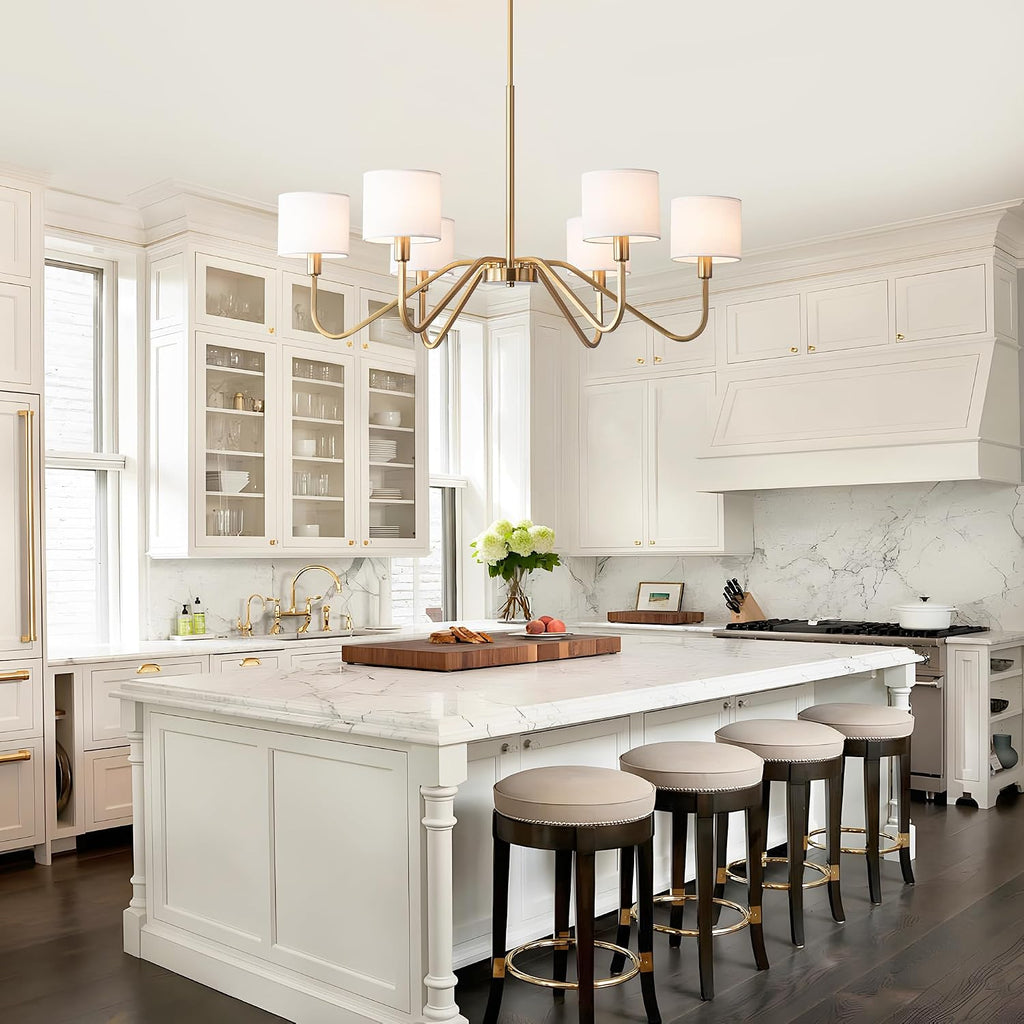 Modern Gold 6-Lights Chandelier, 39' Pendant Light with White Fabric Shade Adjustable Classic Chandelier Light Fixtures for Kitchen Island Dining & Living Room Entryway
