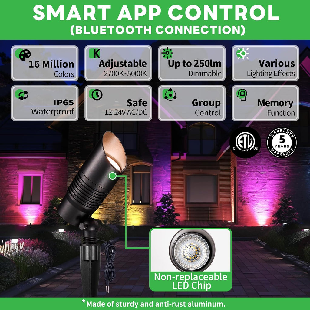 Smart Outdoor Landscape Spotlights Color Change - 12V Multicolored LED Spot Lights Hard-Wired Waterproof, Low Voltage Uplighting Using App, Aluminum Black for Backyard Fence 8 Pack