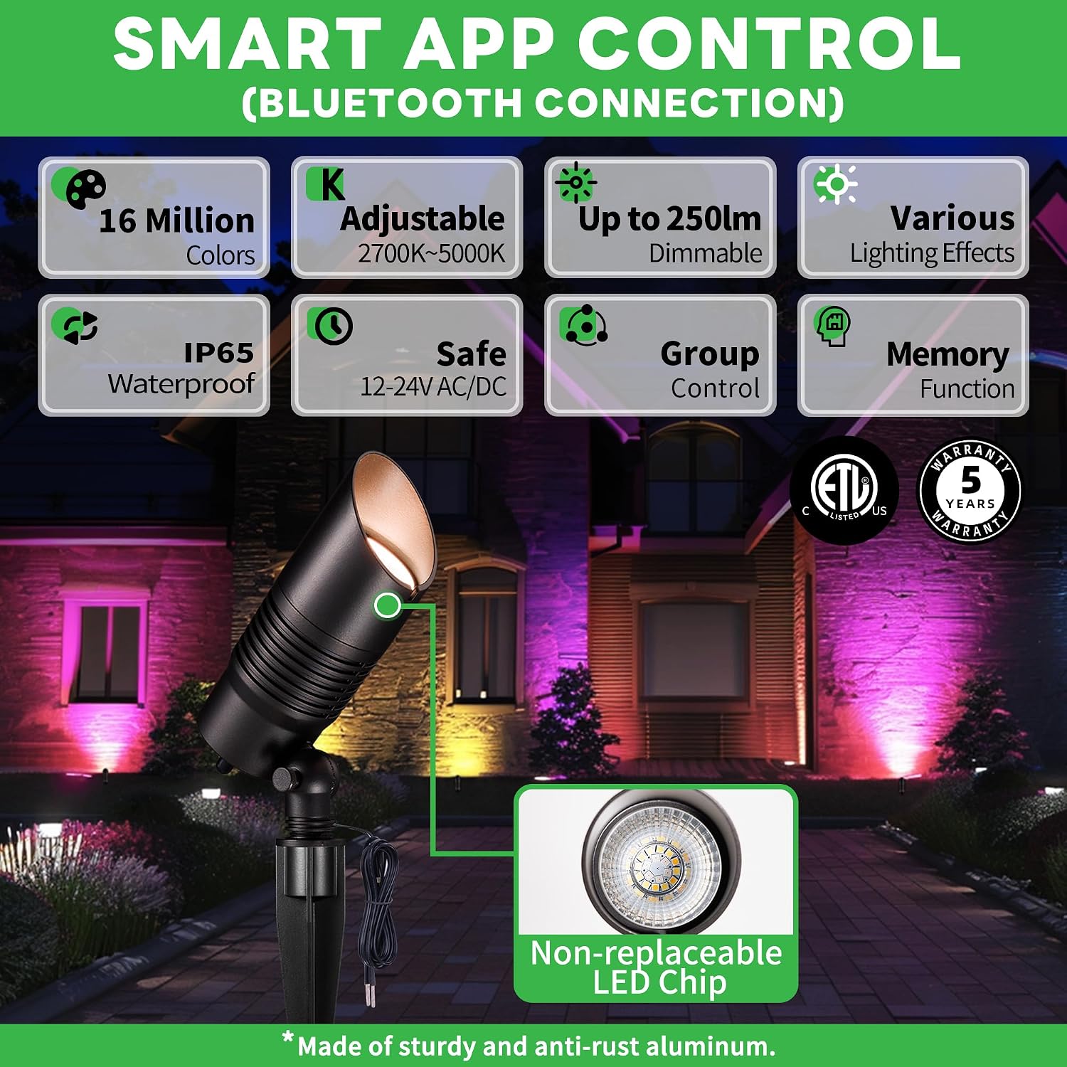 Smart Outdoor Landscape Spotlights Color Change - 12V Multicolored LED Spot Lights Hard-Wired Waterproof, Low Voltage Uplighting Using App, Aluminum Black for Backyard Fence 8 Pack