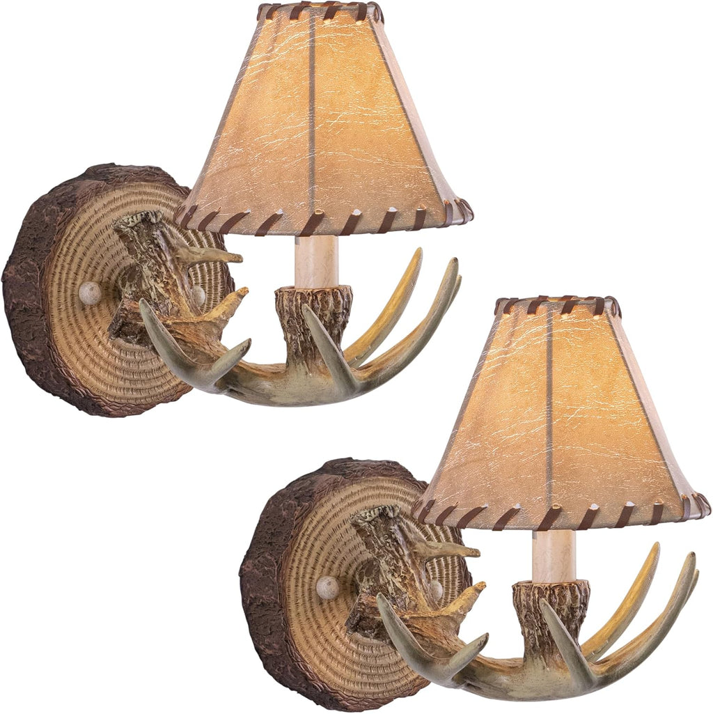 VAXCEL 2-Pack Lodge 1 Light Rustic Wood Antler Armed Wall Sconce Faux Leather Shade