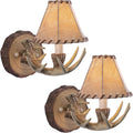 VAXCEL 2-Pack Lodge 1 Light Rustic Wood Antler Armed Wall Sconce Faux Leather Shade