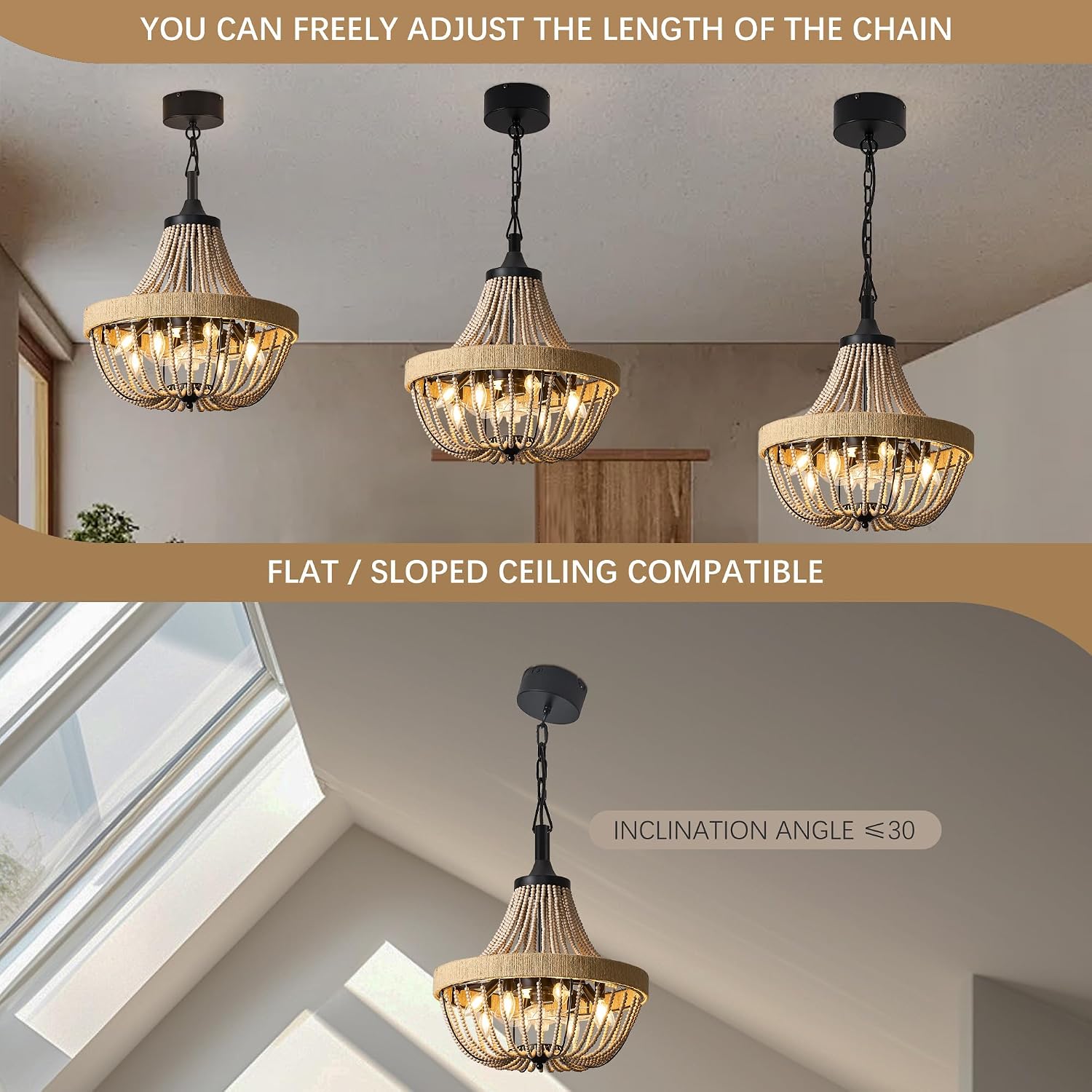 Bohemian Empire Style Chandelier Fan with 64 Wood Bead Strands, 7-Blade Invisible, Remote/APP Control, 20'' Ceiling Light Fixture for Living Room Bedroom Dining (Black, 20'' Boho Style)