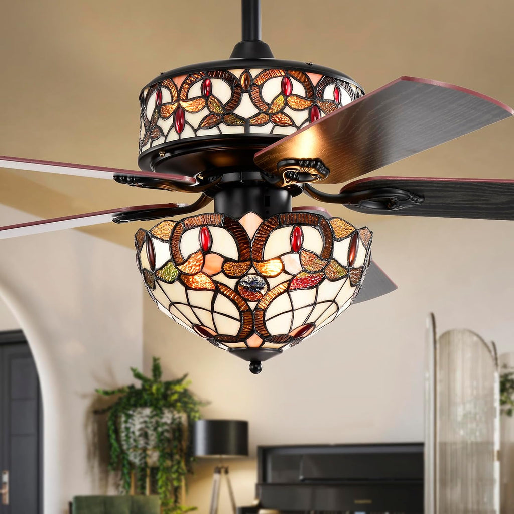 Lars Black Tiffany Style Two Tiered Lighted Ceiling Fan White and Copper Shade with Remote Control