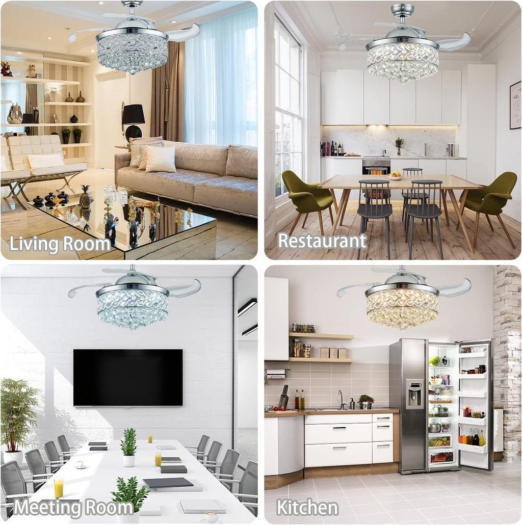 DuMaiWay 48' Chandelier Ceiling Fan, Modern Crystal Fandelier Retractable Invisible Blade LED Lighting with Remote Control for Bedroom Dining Room Living Room 3 Light Change Silver