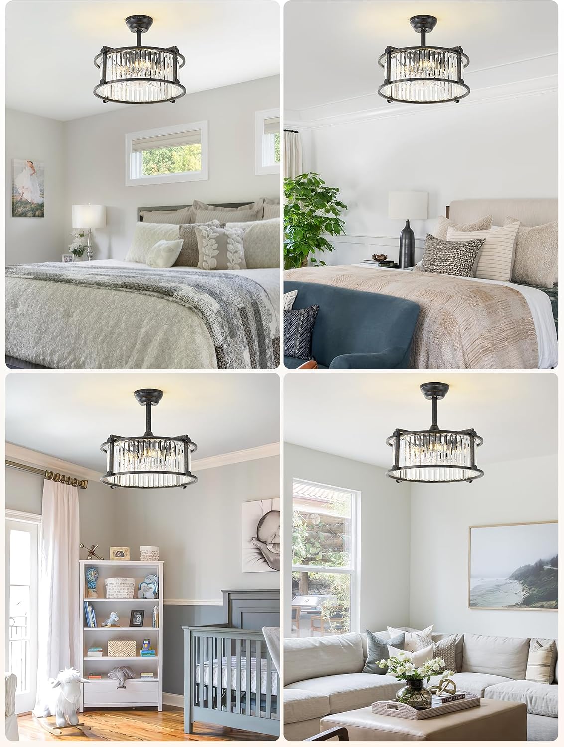 20' Farmhouse Rustic Crystal Fandelier Ceiling Fans with Lights, Black Crystal Industrial Chandelier Ceiling Fan with Light and Remote, Caged with 6 Speeds for Bedroom, Nursery, Living Room