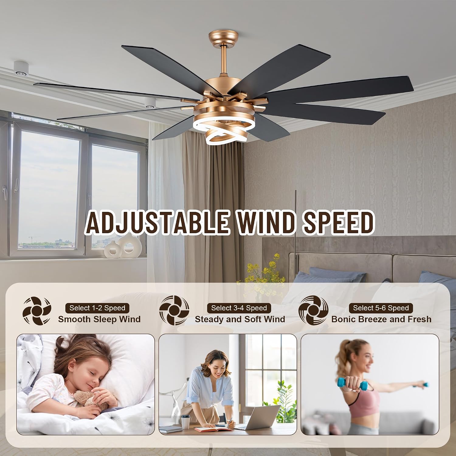 Farmhouse Ceiling Fans with Lights,Chandelier Fan with DIY Rings LED,Fandelier Ceiling Fans with Lights for Living Room/Bedroom (Gold-MD-DC7205-G, 72 Inch)