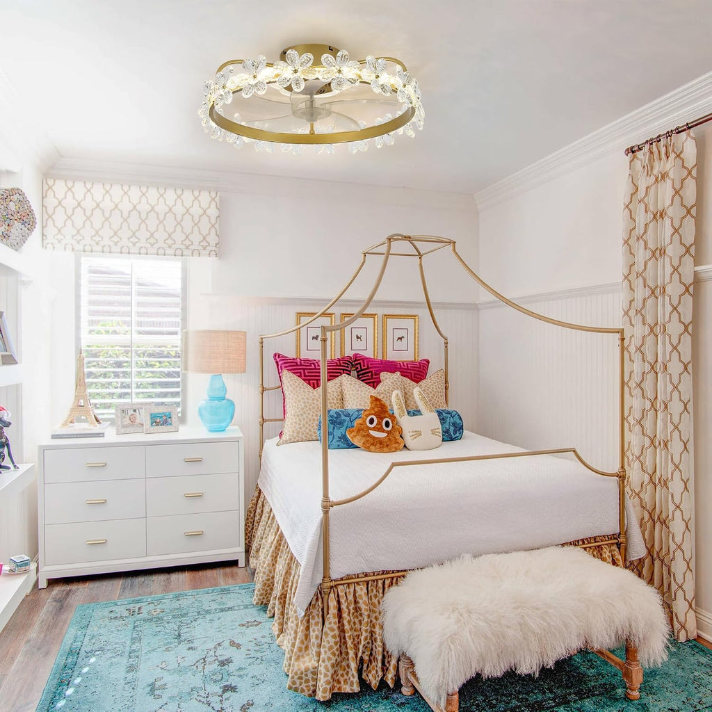22' Gold Crystal Fandelier Ceiling Fans with Lights,Gold Flower Ceiling Fan with Light Remote Control, Low Profile Flush Mount Ceiling Fan for Girl's Bedroom, Kid's Room