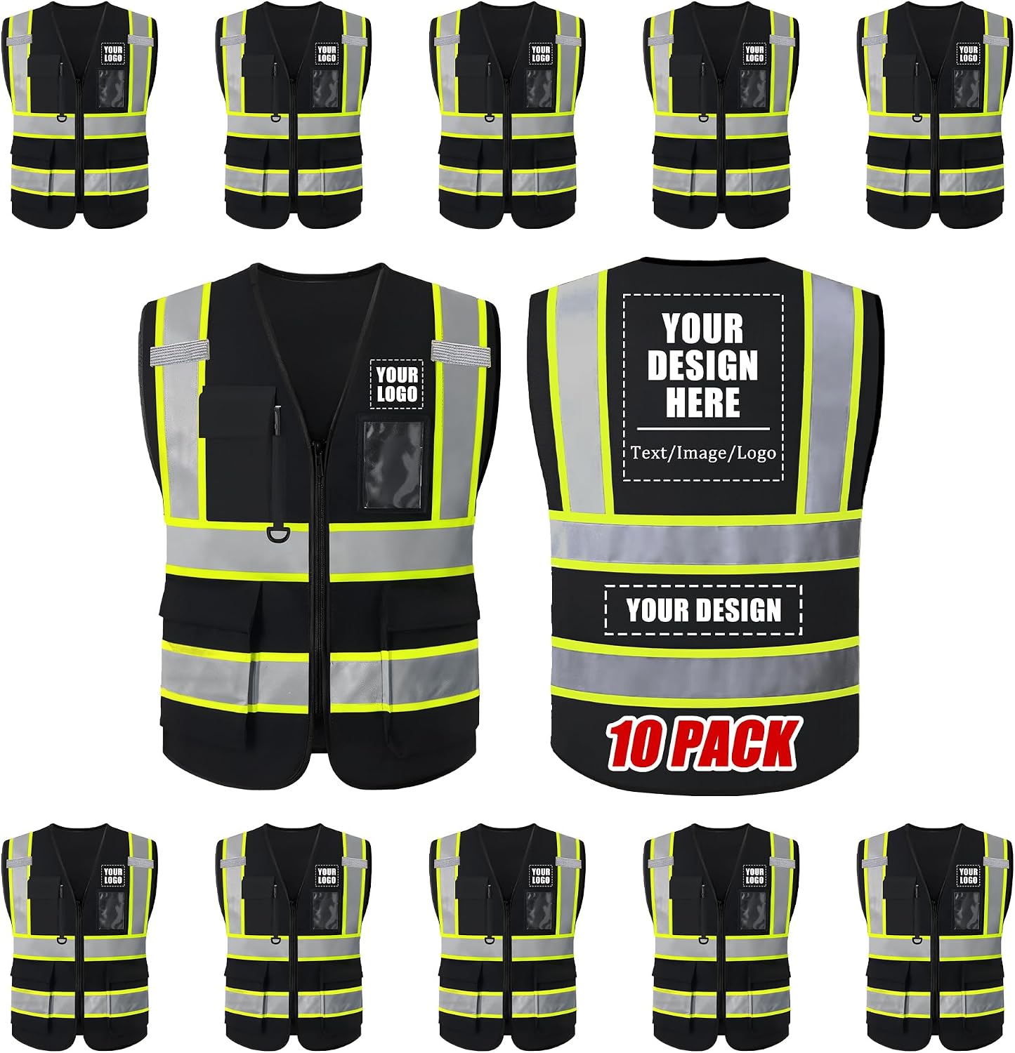 Custom Safety Vest with Logo, High Visibility Reflective Personalized Vest with Pockets and Zipper for Men Women Work