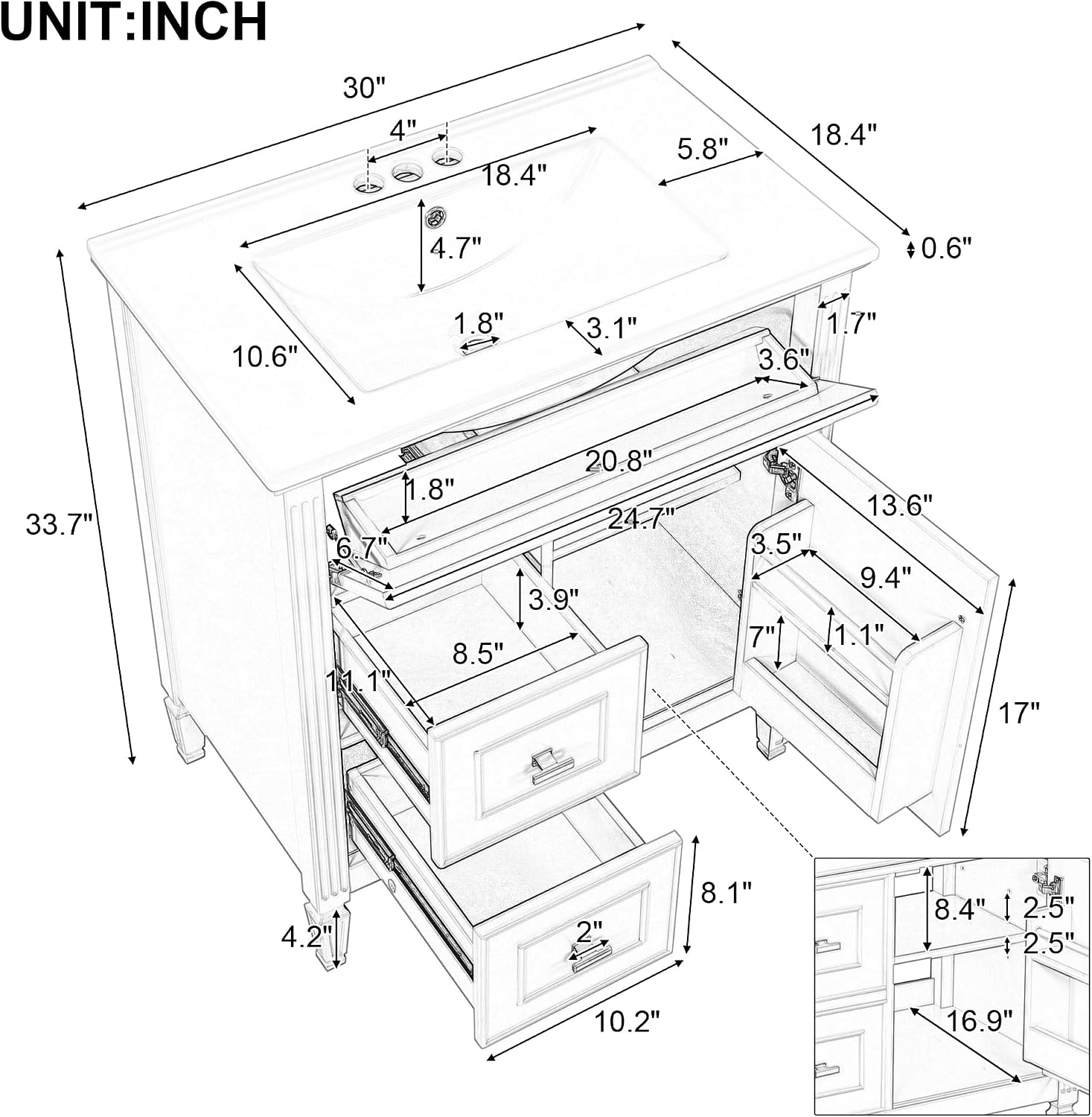 30' Bathroom Vanity with Ceramic Sink Top, Tip-Out Drawer and Two Left Side Drawers, Adjustable Shelf, Solid Wood Legs, Soft-Closing Door and Rack Shelf, Green