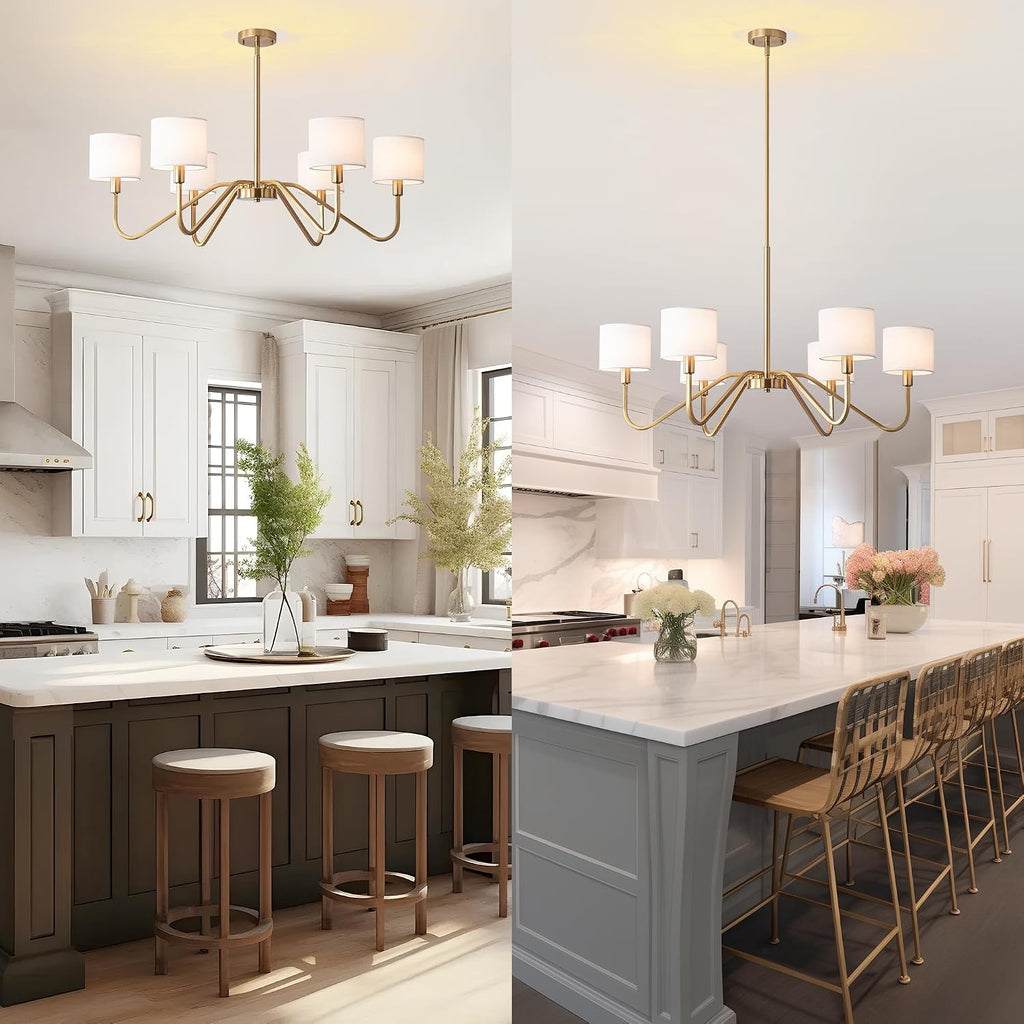 Modern Gold 6-Lights Chandelier, 39' Pendant Light with White Fabric Shade Adjustable Classic Chandelier Light Fixtures for Kitchen Island Dining & Living Room Entryway