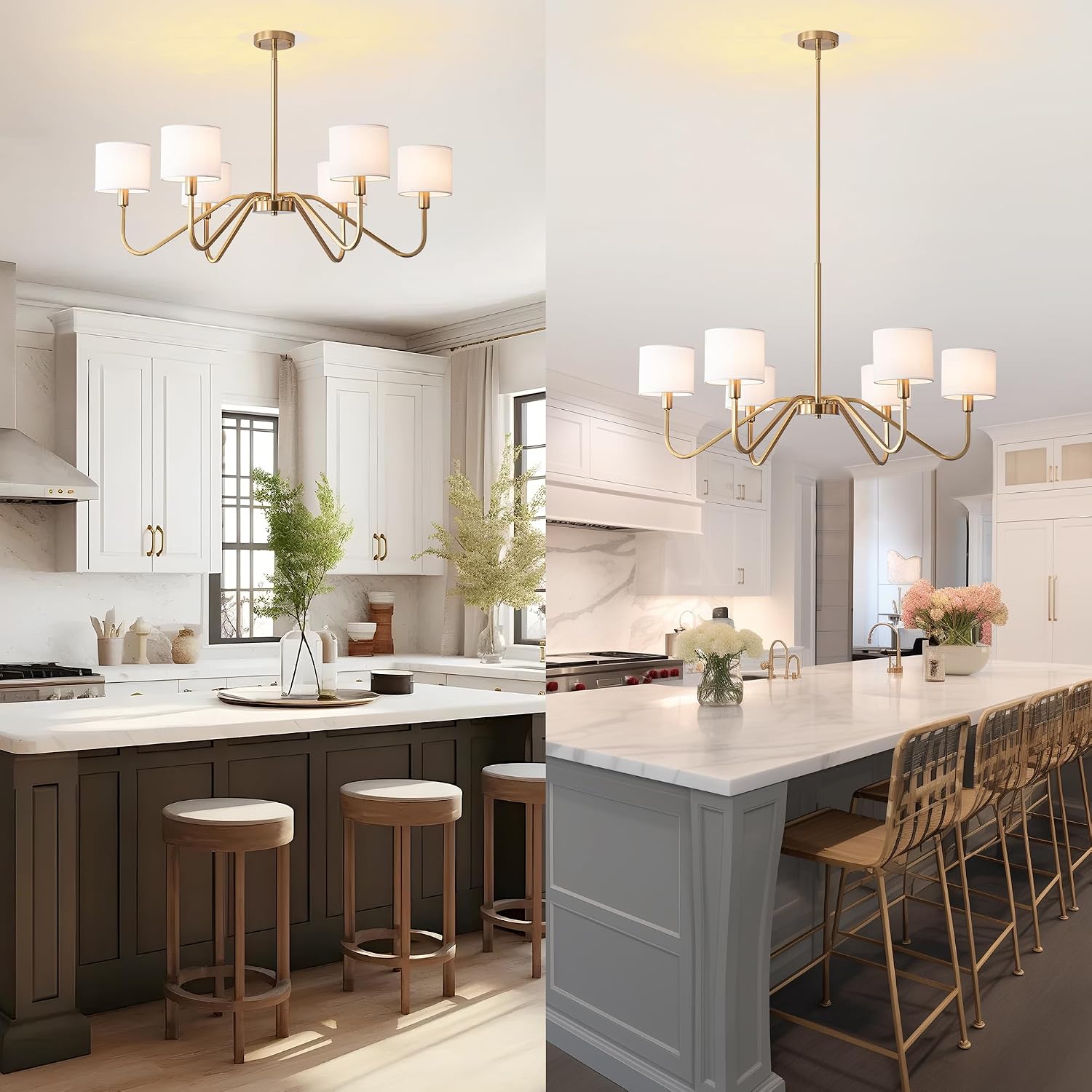 Modern Gold 6-Lights Chandelier, 39' Pendant Light with White Fabric Shade Adjustable Classic Chandelier Light Fixtures for Kitchen Island Dining & Living Room Entryway