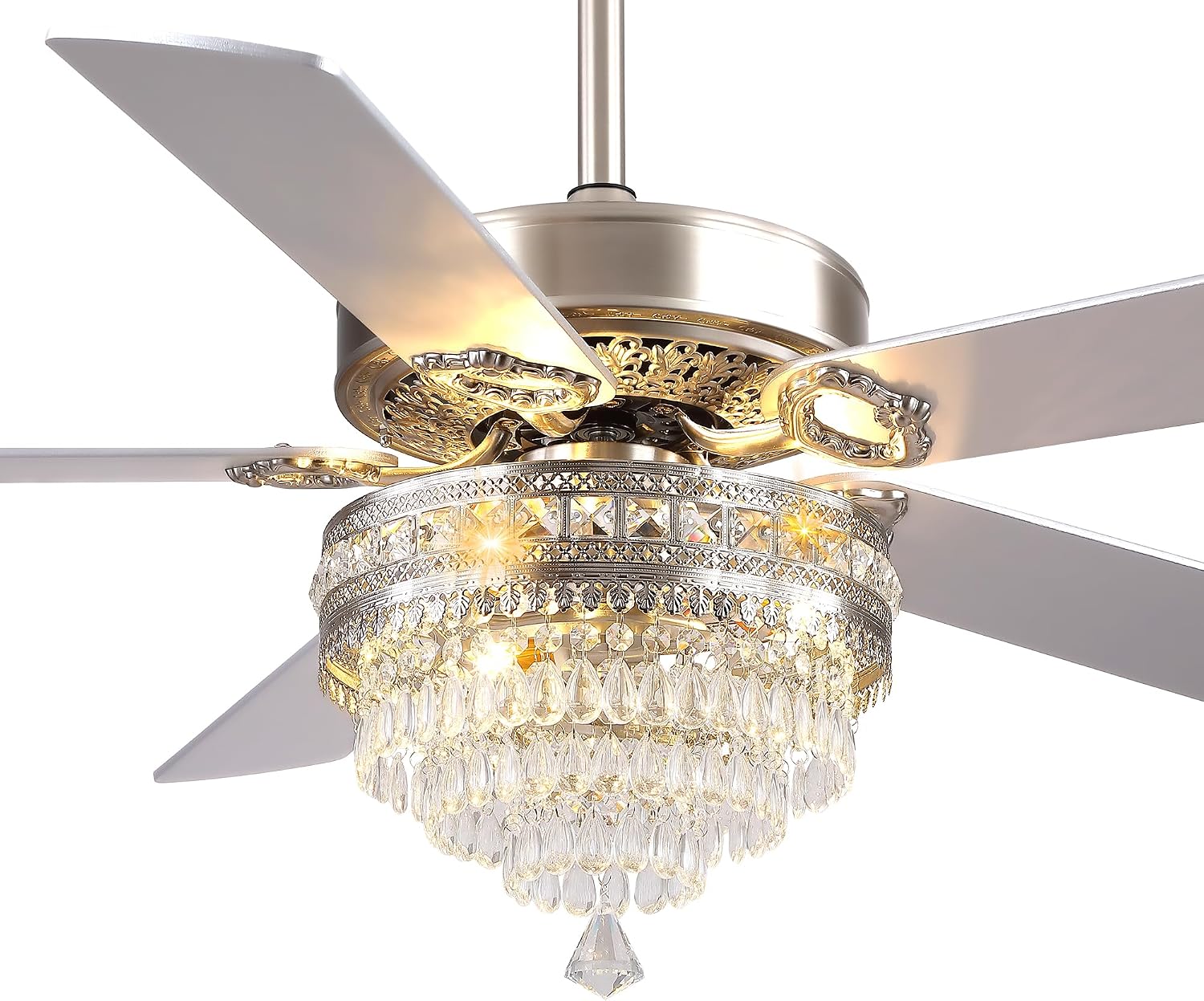 GJeg Crystal Ceiling Fan Fandelier with Lights - Retro Outdoor Fans with Remote Control, Farmhouse Ceiling Fan with Noiseless AC Reversible Motor,Dining Room,Living Room(52' Silver)