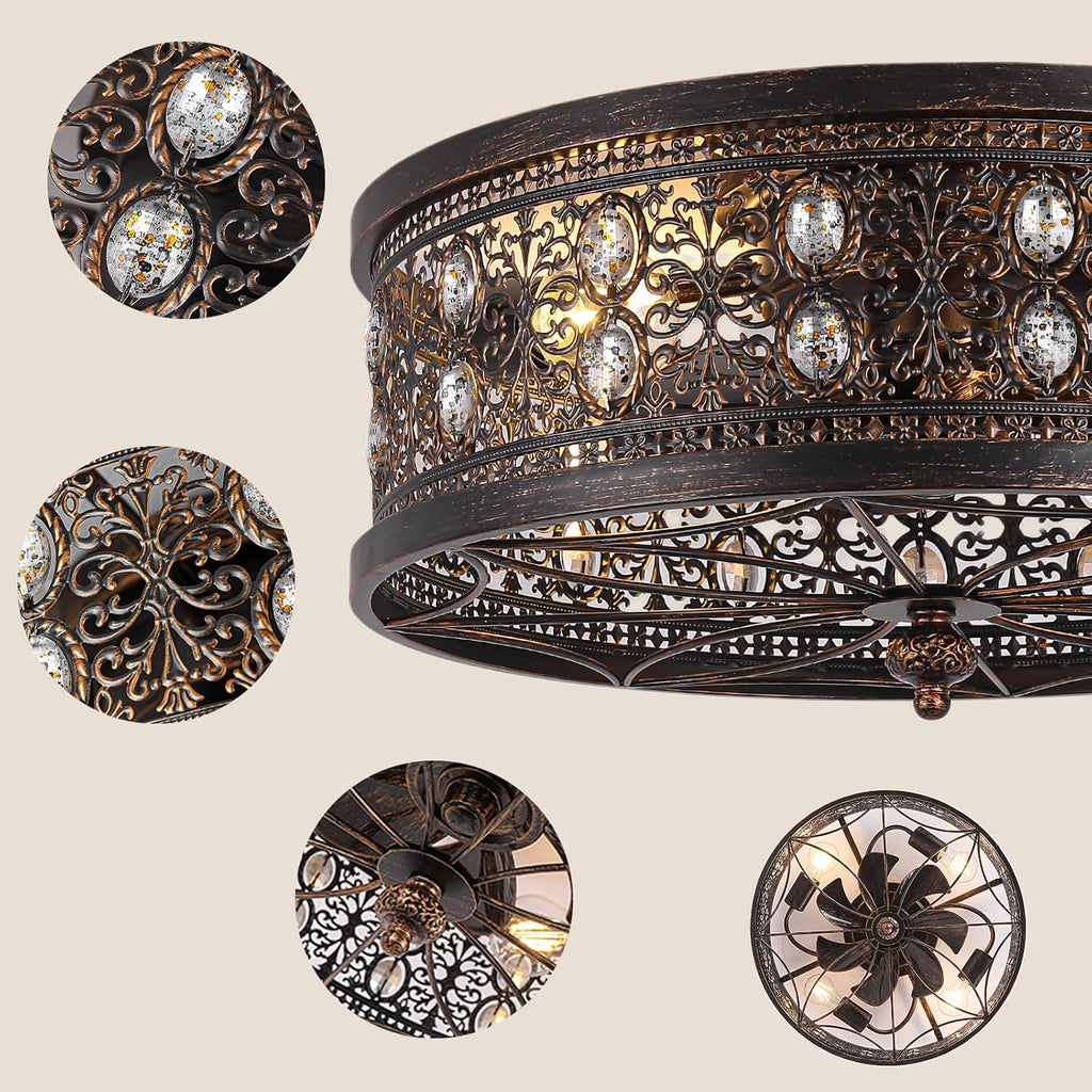 20' Vintage Fandelier Ceiling Fan with Light, Low Profile Caged Ceiling Fan in Distressed Black and Bronze, Farmhouse Chandelier Fan with Oval Crystals for Bedroom, Kitchen, Living Room,Small Room