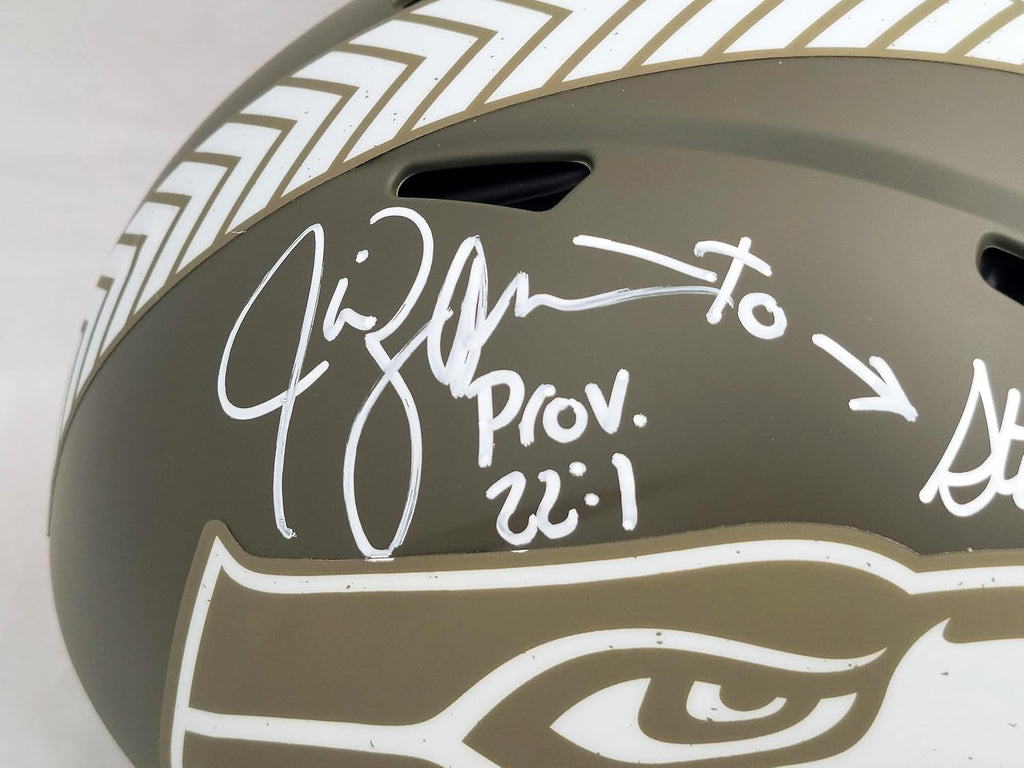Steve Largent & Jim Zorn Autographed Seattle Seahawks Camo Salute To Service Full Size Authentic Speed Helmet 'TD Seahawks!' MCS Holo Stock #210442 - Autographed NFL Helmets