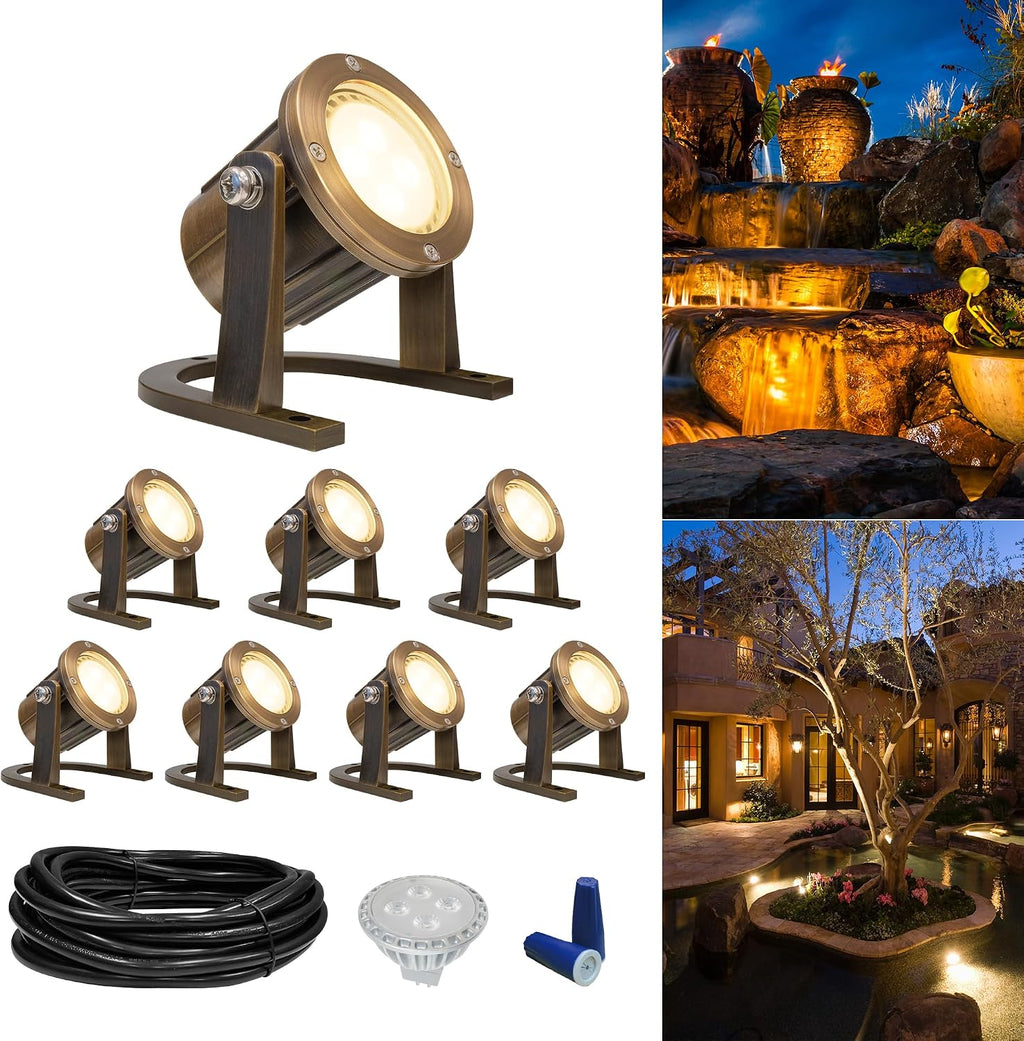 GKOLED 8Pack Solid Brass Underwater Light, Low Voltage LED Pond Lights, Submersible Fountain Lighting with 5W 2700K 410LM MR16 Bulb, 9-15V AC/DC Outdoor Landscape Light, IP68 Rated Pool Spotlights
