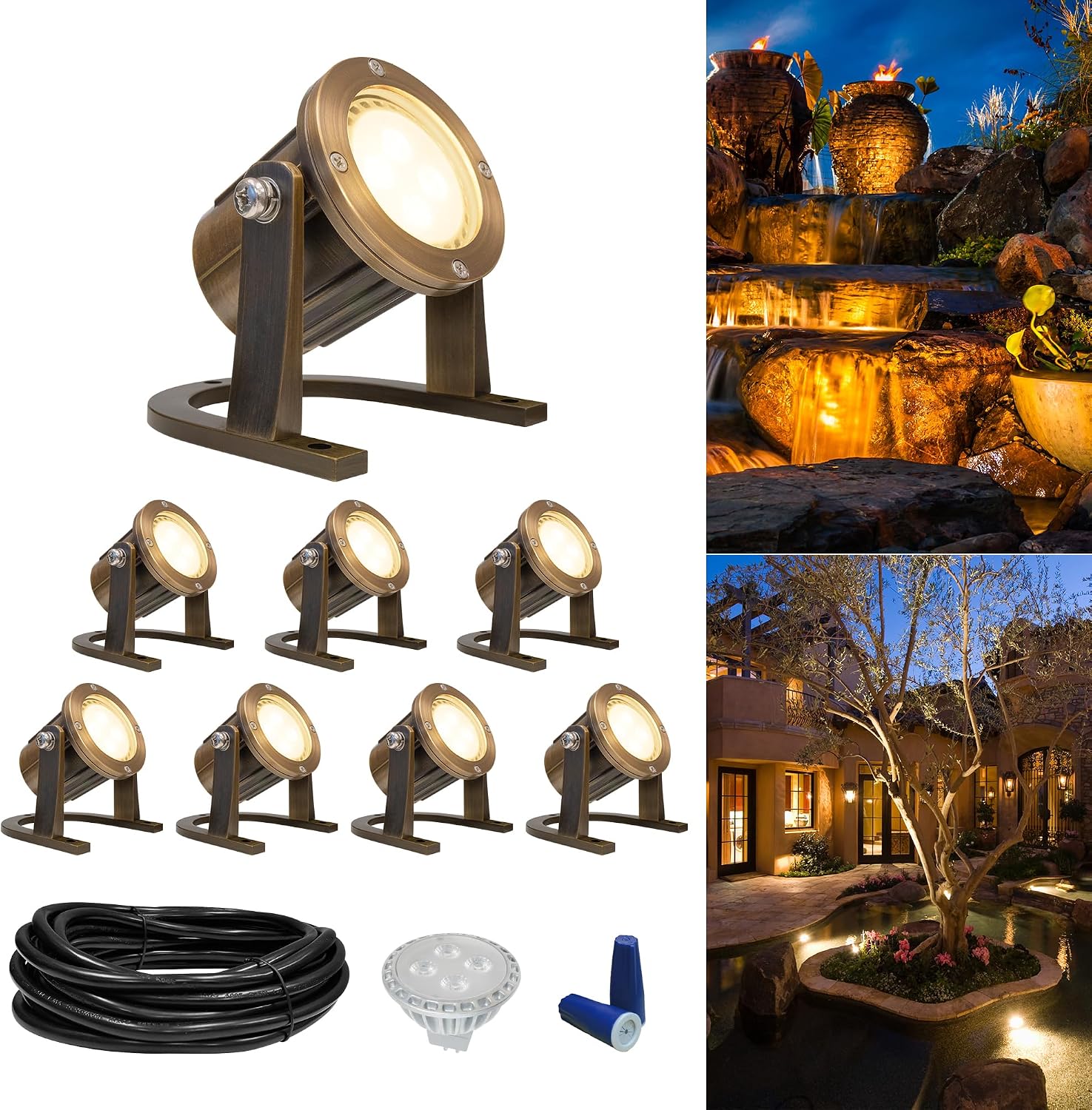 GKOLED 8Pack Solid Brass Underwater Light, Low Voltage LED Pond Lights, Submersible Fountain Lighting with 5W 2700K 410LM MR16 Bulb, 9-15V AC/DC Outdoor Landscape Light, IP68 Rated Pool Spotlights