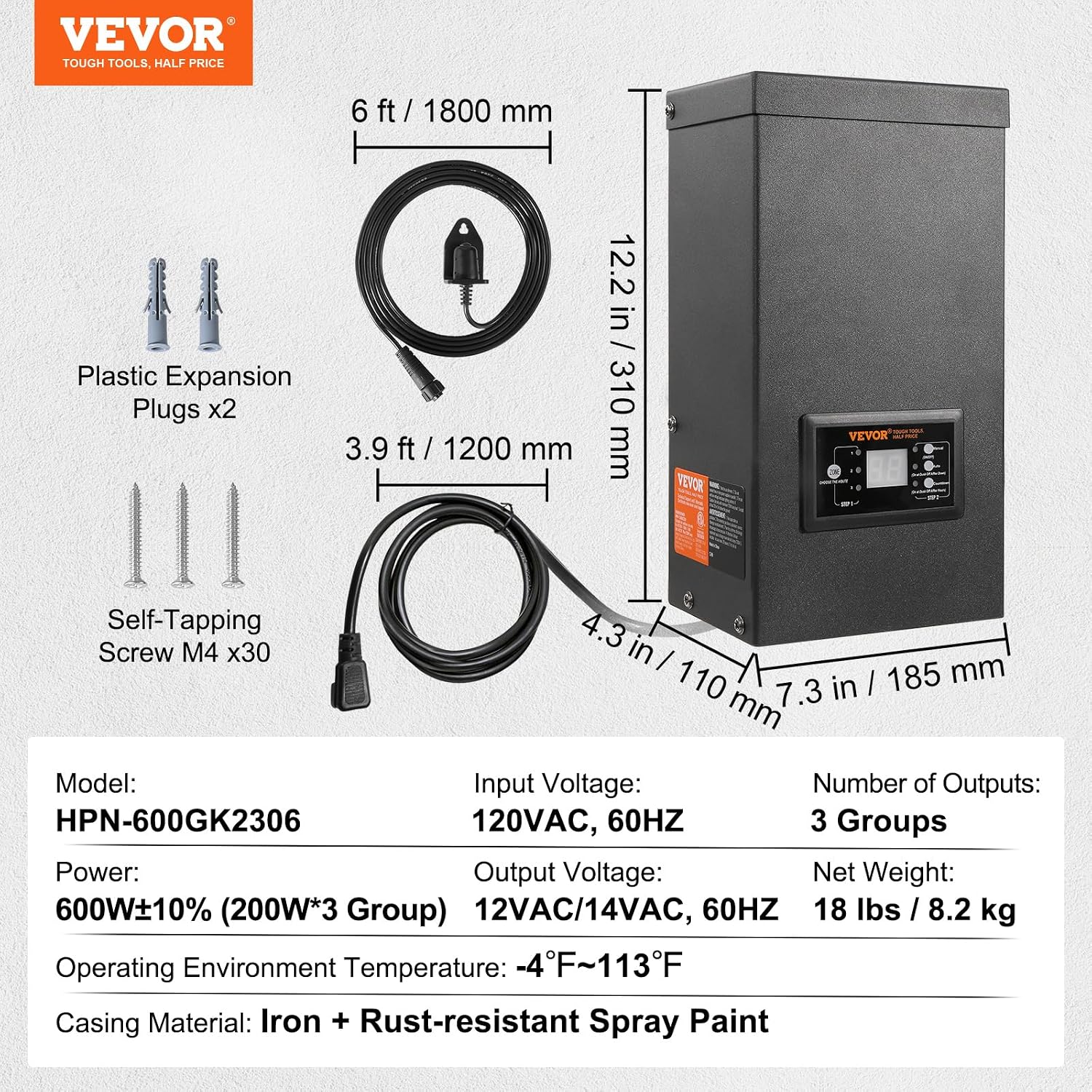 VEVOR 600W Landscape Transformer, Timer & Photocell Sensor Equipped, Weatherproof Outdoor Lighting Converter, 120V AC to 12V/14V AC, Ideal for Exterior, Spotlight, Pathway,ETL