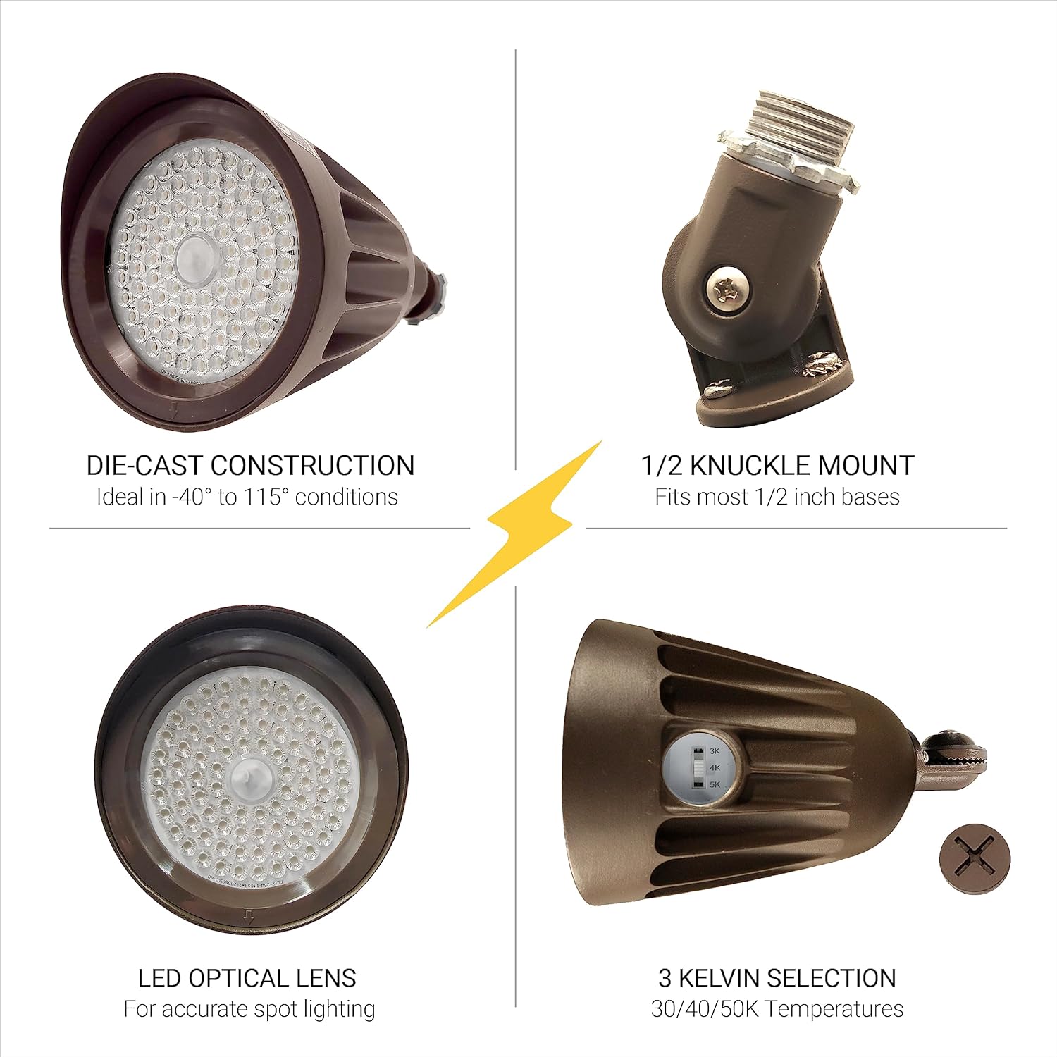 NUWATT 25W Bullet Spot Lights Outdoor LED Landscape Light, 3500 LM Bright Outdoor Lighting for Yard, 30K/40K/50K Selectable, 1/2' Knuckle Mount, 120-277V Waterproof Flag Pole Lights (6-Pack)