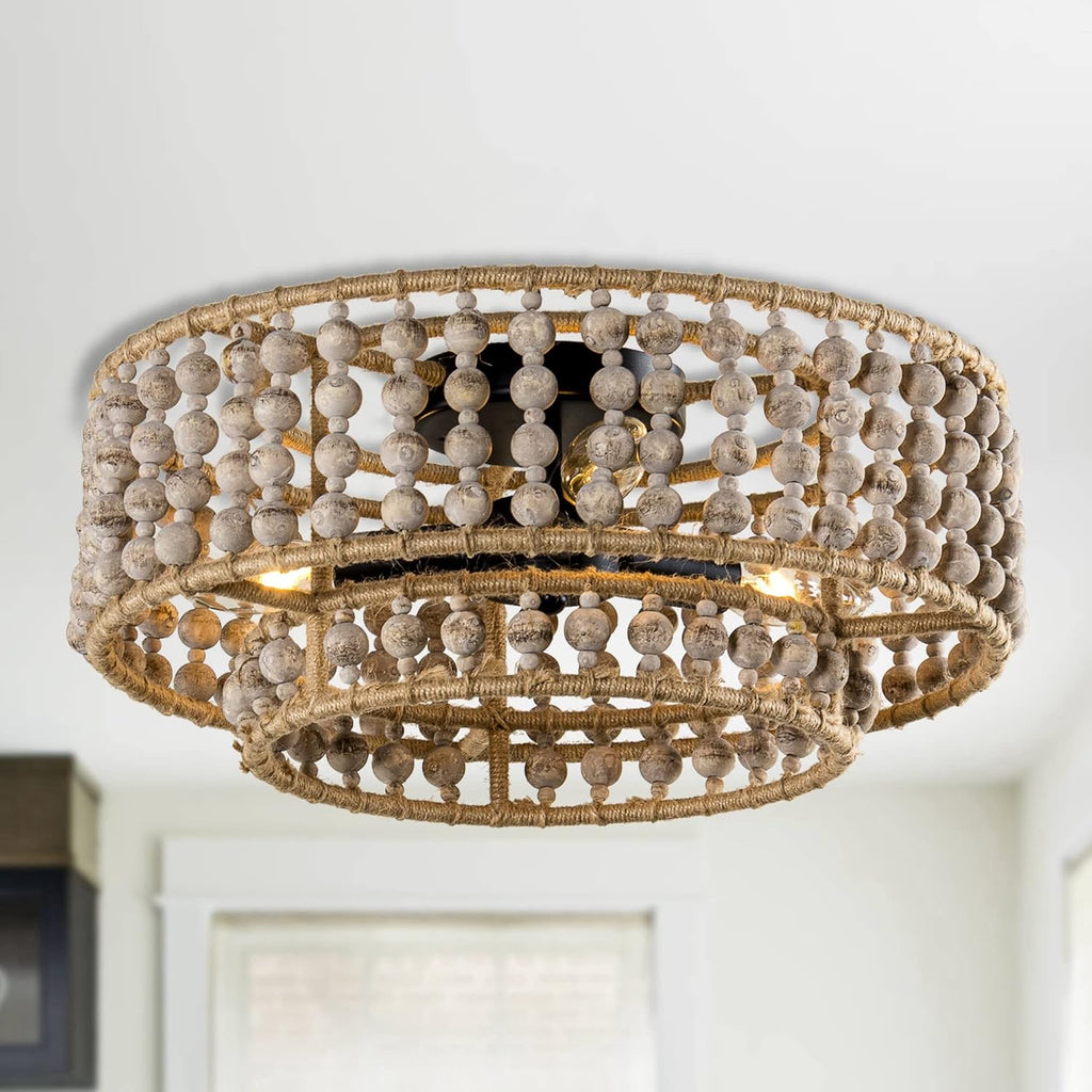 Wood Beaded Chandelier - 3 Lights Boho Flush Mount Light Fixture Farmhouse Chandeliers for Bedroom Hallway Kitchen Island Foyer Entryway Nursery Living Room
