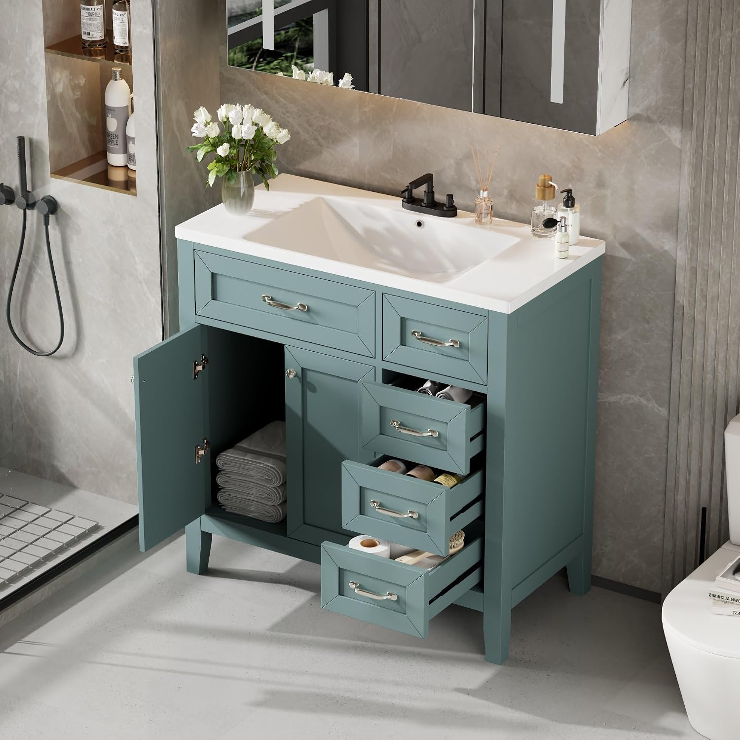 36' Bathroom Vanities Cabinet with Ceramic Sink Top, Two Doors and Three Drawers, Soft-Closing Door, Solid Wood Legs, Green