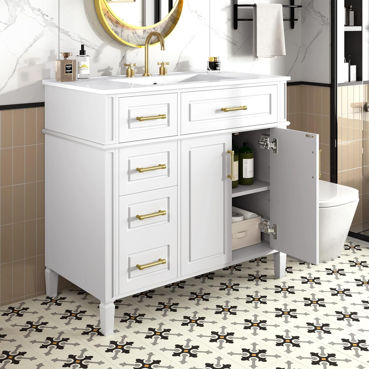 36' Bathroom Vanity with Ceramic Sink Top, One Tip-Out Drawer and Three Side Drawers, Soft-Closing Doors, Adjustable Shelf, Solid Wood Frame, White