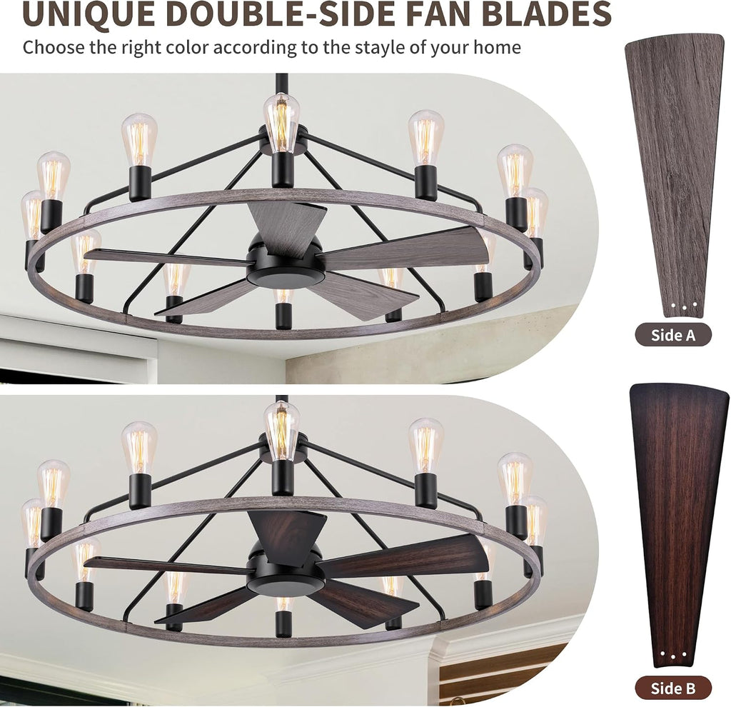 44'' Ceiling Fan with Light, Wood Wagon Wheel Chandelier, Large Farmhouse Fandelier Light Fixture, Chandelier for Living Room, Dining Room, Adjustable High Ceilings