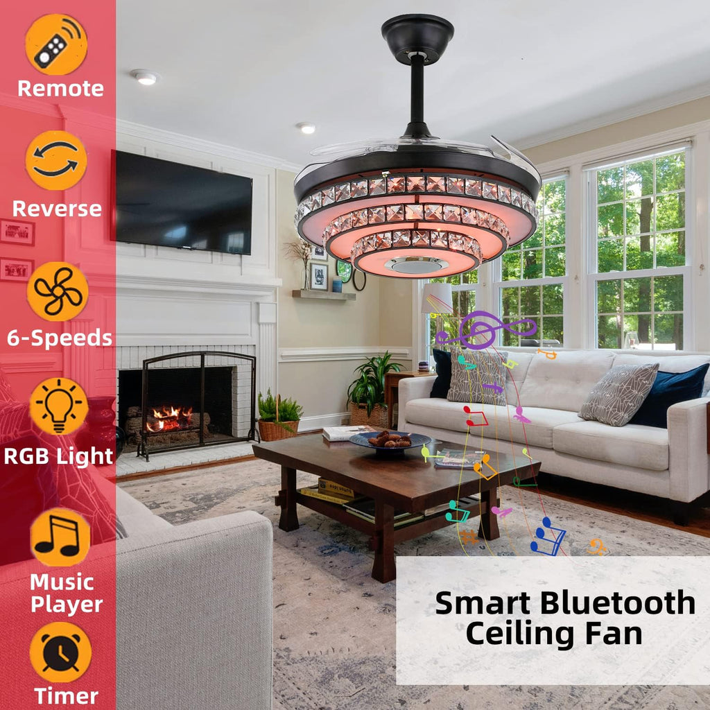 42' Smart Ceiling Fan with Lights and Bluetooth Speaker, Retractable Black Fandelier RGB Color Dimmable LED Crystal Chandelier Fans with Remote Control, Reversible Silent Motor, 6 Speeds