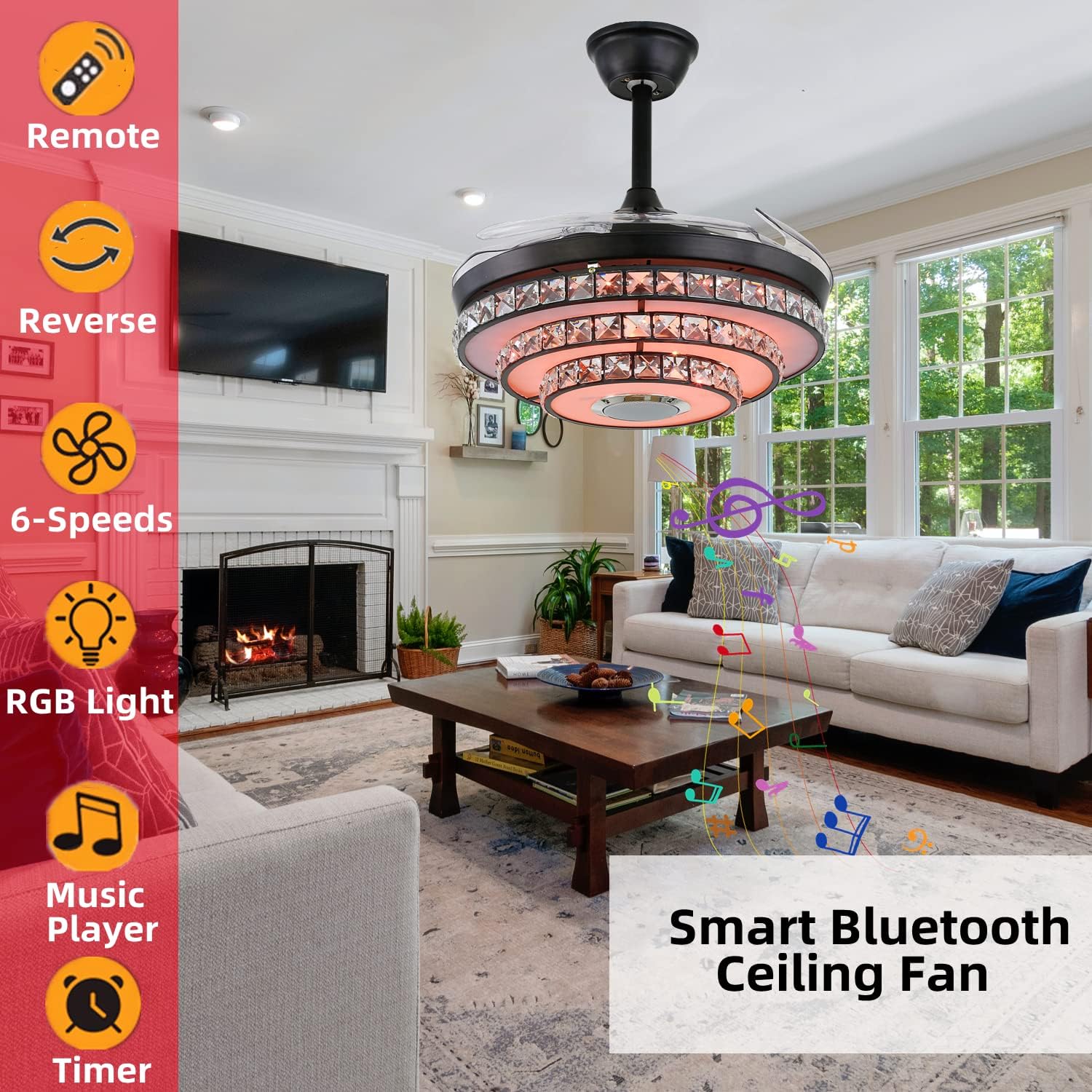 42' Smart Ceiling Fan with Lights and Bluetooth Speaker, Retractable Black Fandelier RGB Color Dimmable LED Crystal Chandelier Fans with Remote Control, Reversible Silent Motor, 6 Speeds