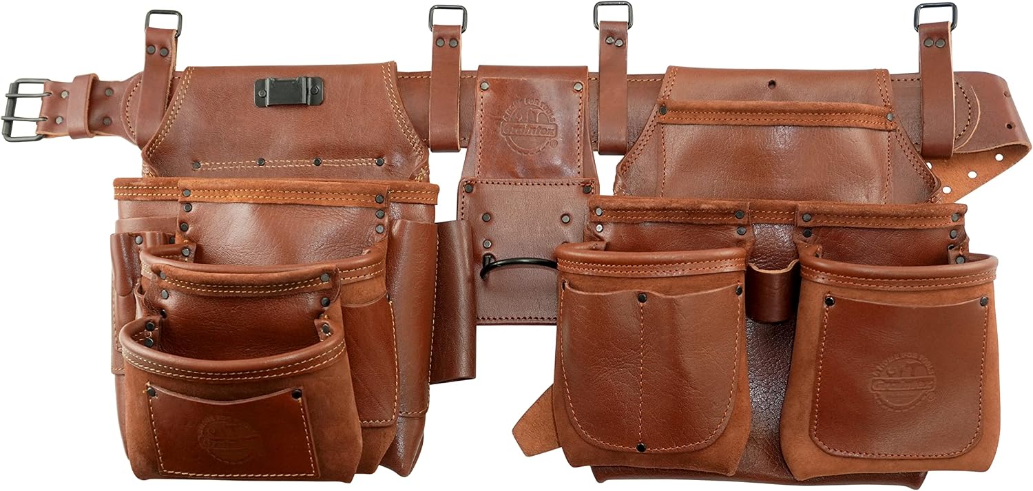 GRAINTEX AD2747 :: 4 Piece 18 Pocket Framer's Tool Belt Combo Ambassador Series Chestnut Brown Color Grain Leather