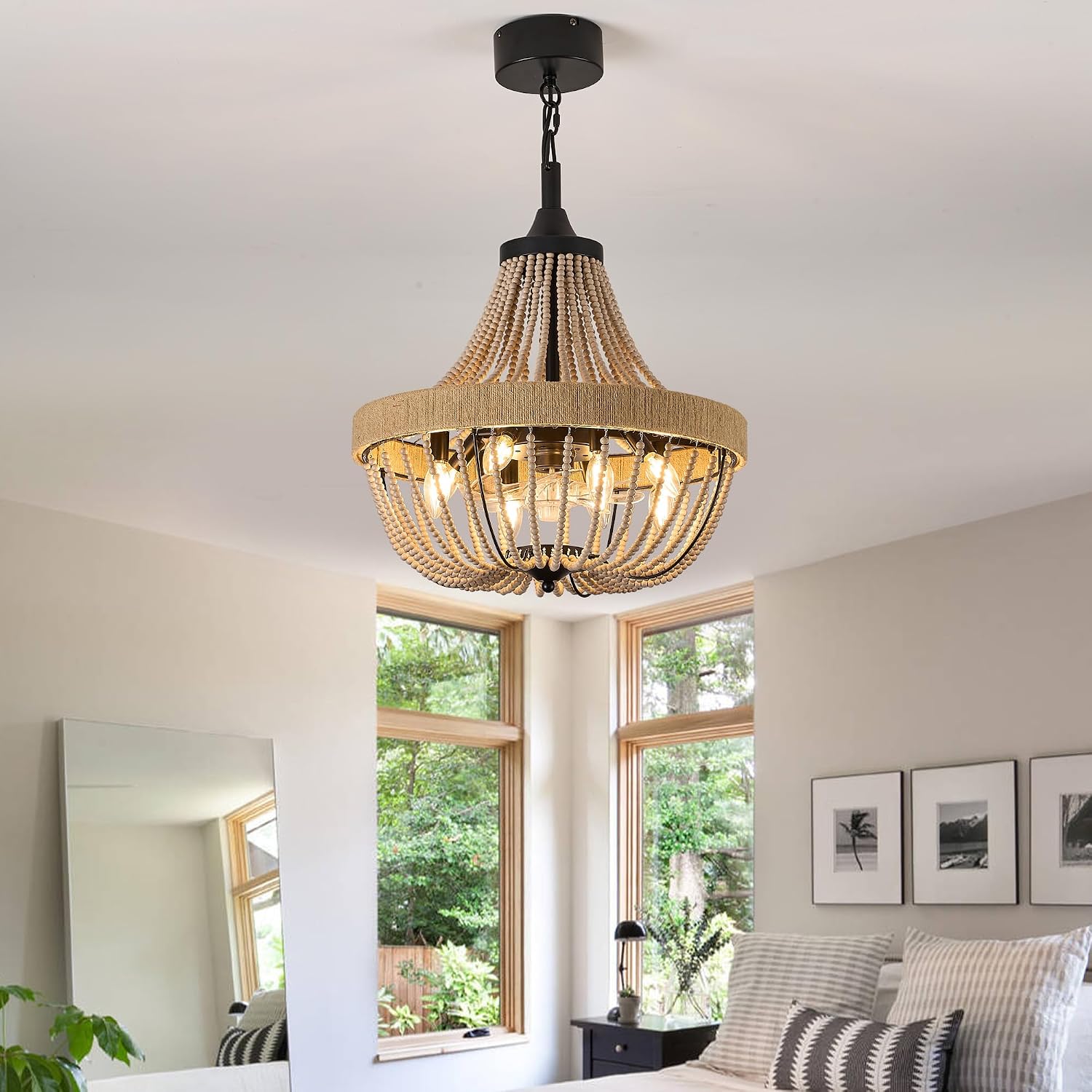 20 inch Boho Beaded Chandelier with Ceiling Fan, Remote & App Control, Reversible DC Motor, Black Farmhouse Rattan Fandelier for Dining Room, Bedroom, Kitchen