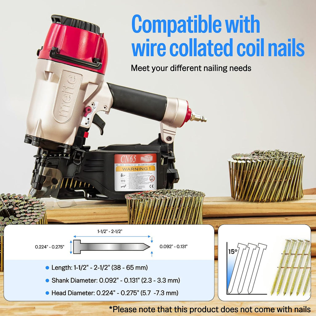 meite CN65 Pneumatic Coil Nailer with 15 Degree Siding Nails 2' × .099'' - Air Coil Nail Gun with 300PCS Magazine, 360° Adjustable Exhaust for Framing Sheathing Pallets Hardwood Projects